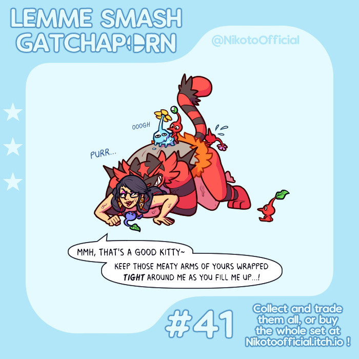 ambiguous gender, anthro, anthro on female, anthro on human, bayonetta, bayonetta (character), blue pikmin, crossover, dialogue, english text, female, female human/male anthro, female human/male pokemon, human, human female, ice pikmin, incineroar, light skin, light-skinned female, male, male anthro, male anthro/female human, male pokemon, male pokemon/female human, male/female, nikoto all-stars smashing, nintendo, pikmin, pikmin (species), pokemon, pokemon (species), pokemon on female, pokephilia, red pikmin, sex, straight, super smash bros., tagme