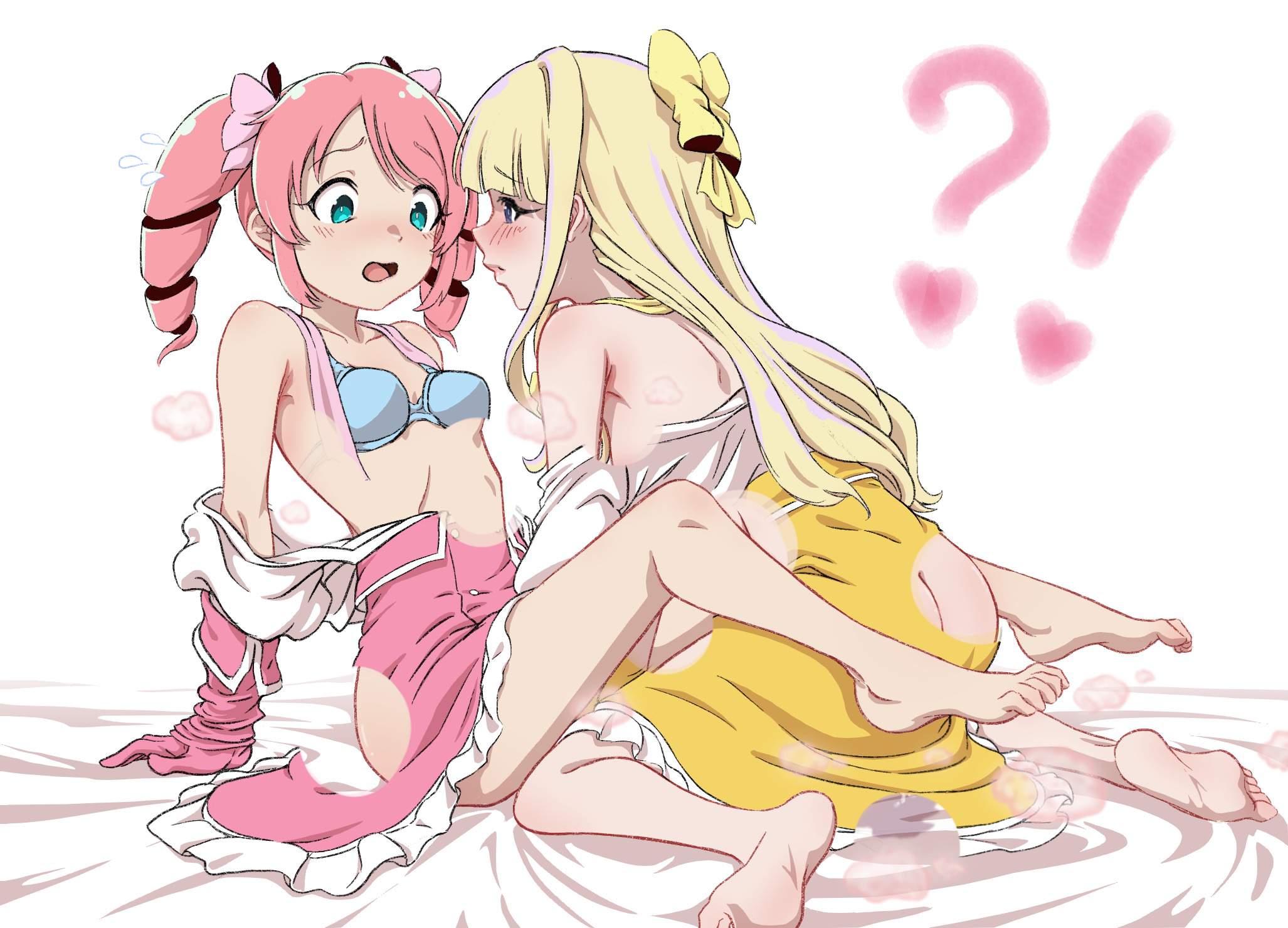 !?, 2girls, ane moire, barefoot, between legs, blonde hair, blue bra, blue eyes, blush, bow, bra, breasts, breath, bubble filter, commentary, commentary request, drill hair, elbow gloves, english commentary, female, gloves, hairbow, hanabishi haruka, highres, long hair, long sleeves, magia magenta, magia sulfur, magical girl, mahou shoujo ni akogarete, meme, multiple females, multiple girls, open mouth, parted lips, pink gloves, pink hair, pink skirt, shirt, skirt, small breasts, tenkawa kaoruko, toes, twin drills, underwear, white shirt, yellow bow, yellow skirt, yuri