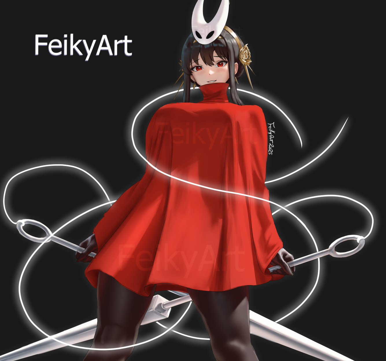 1girls, artist name, assassin, big breasts, black gloves, black hair, black pantyhose, breasts, cosplay, dress, feikyart, female, female only, gloves, gold hairband, hairband, highres, hollow knight, hornet (hollow knight) (cosplay), human, human female, large breasts, looking at viewer, mask, mask on head, mature female, milf, needle (hollow knight), pantyhose, red dress, red eyes, sidelocks, solo, spy x family, thorn princess, white mask, yor briar, yor forger