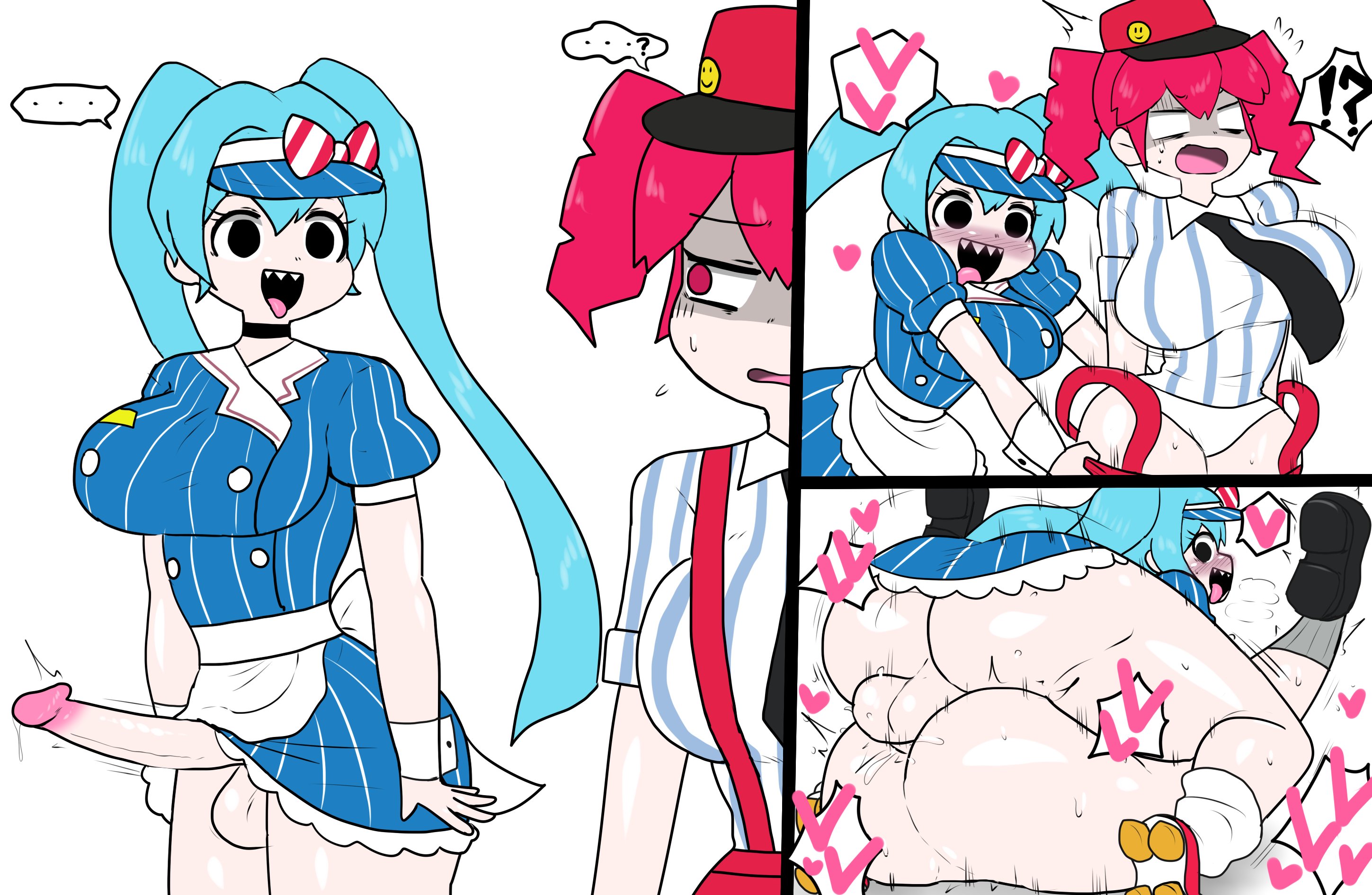 ..., 1futa, 2girls, apron, ass, black eyes, blue hair, blush, breasts, comic, dress, employee uniform, enigi09, erection, female, futa on female, futa with female, futanari, hat, hatsune miku, heart, intersex, kasane teto, kasane teto (sv), large breasts, lifting skirt, long cock, long hair, long penis, male, mating press, mesmerizer (vocaloid), mesmerizer miku, mesmerizer teto, ms paint, multiple girls, naked, naked female, naked futa, necktie, nervous, nipples, nude, open mouth, panties, penis, pussy, rape, raped, red eyes, red hair, sex, sharp teeth, striped, synthesizer v, teeth, testicles, tongue out, twintails, uncensored, uniform, utau, vaginal, vaginal penetration, vaginal sex, visor cap, vocaloid, white panties