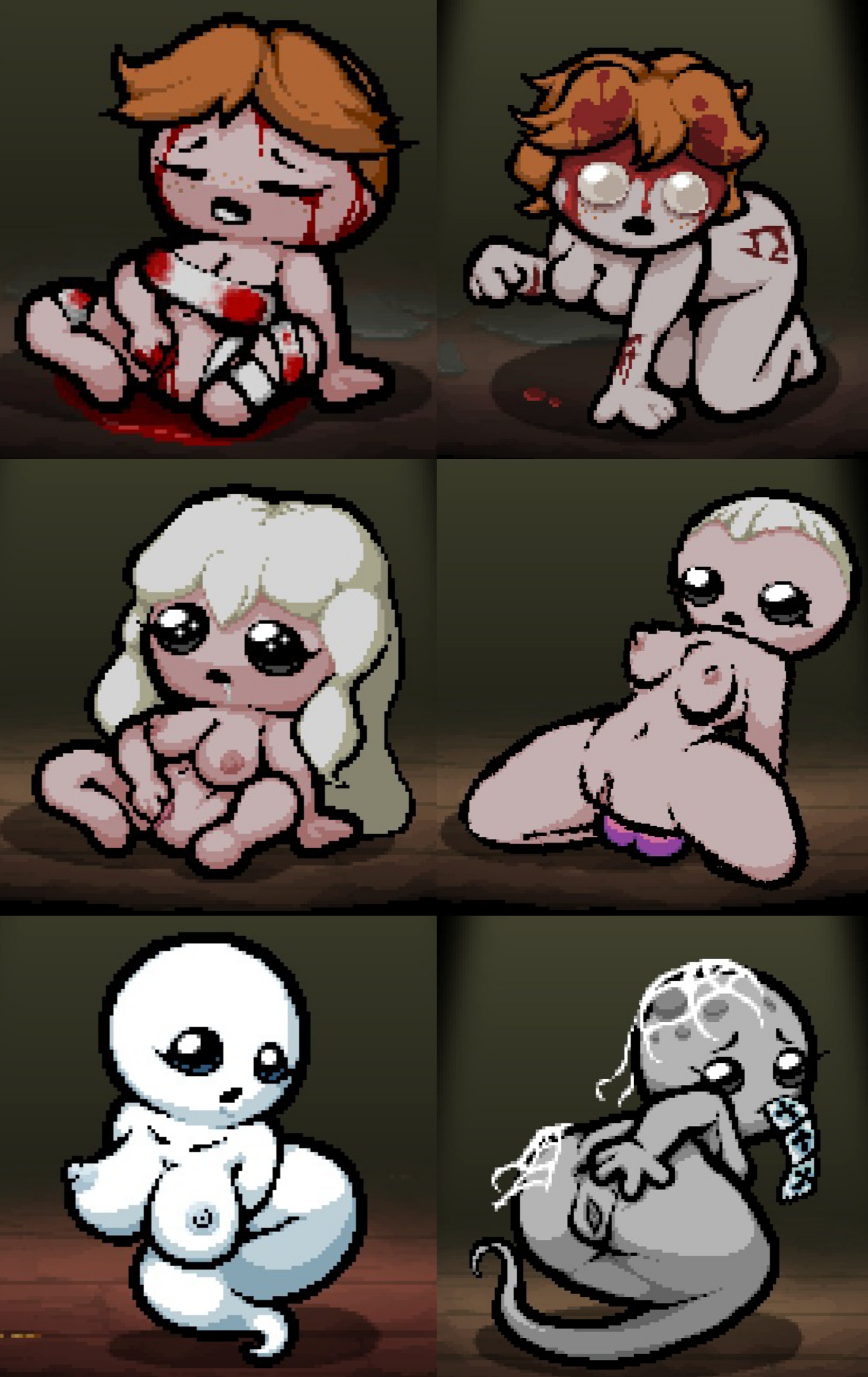 bald, brown hair, female, ghost, injuries, masturbation, naked, red hair, the binding of isaac