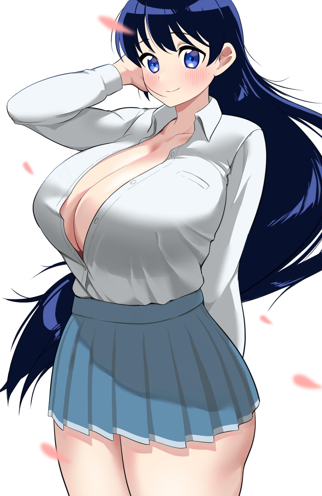 1girls, about to burst, arato nagi, barely contained, barely contained breasts, barely fits, big breasts, black hair, blush, breasts, breasts too big, bursting breasts, cherry blossoms, cleavage, collared shirt, curvy, curvy female, female, fully clothed, highres, huge breasts, imiin, imminent wardrobe malfunction, large breasts, light skin, light-skinned female, long black hair, long sleeve shirt, long sleeves, looking at viewer, purple eyes, ruri no houseki, shirt tucked in, simple background, smile, solo, standing, thick thighs, thighs, tight fit, too tight, unbuttoned, unbuttoned shirt, undersized clothes, undersized clothing, very long hair, voluptuous, voluptuous female, white background, white collared shirt, wide hips