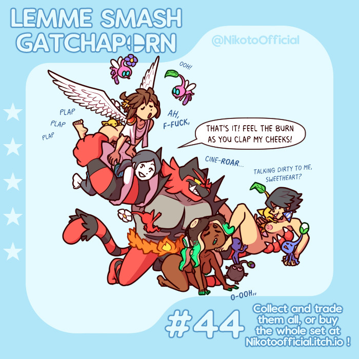 3girls, ambiguous gender, bayonetta, bayonetta (character), bayonetta 2, black hair, black-haired female, blue pikmin, brown hair, crossover, dark skin, dark-skinned male, female, generation 7 pokemon, gray hair, grey hair, incineroar, kid icarus, male, marina (splatoon), marina ida, nikoto all-stars smashing, nintendo, pikmin, pikmin (species), pit, pit (kid icarus), pokemon, pokemon (species), pokephilia, red body, red fur, red pikmin, rock pikmin, speech bubble, splatoon, splatoon (series), splatoon 2, straight, super smash bros., tagme, text, text bubble, wii fit, wii fit trainer, wii fit trainer (female), winged pikmin, yellow pikmin