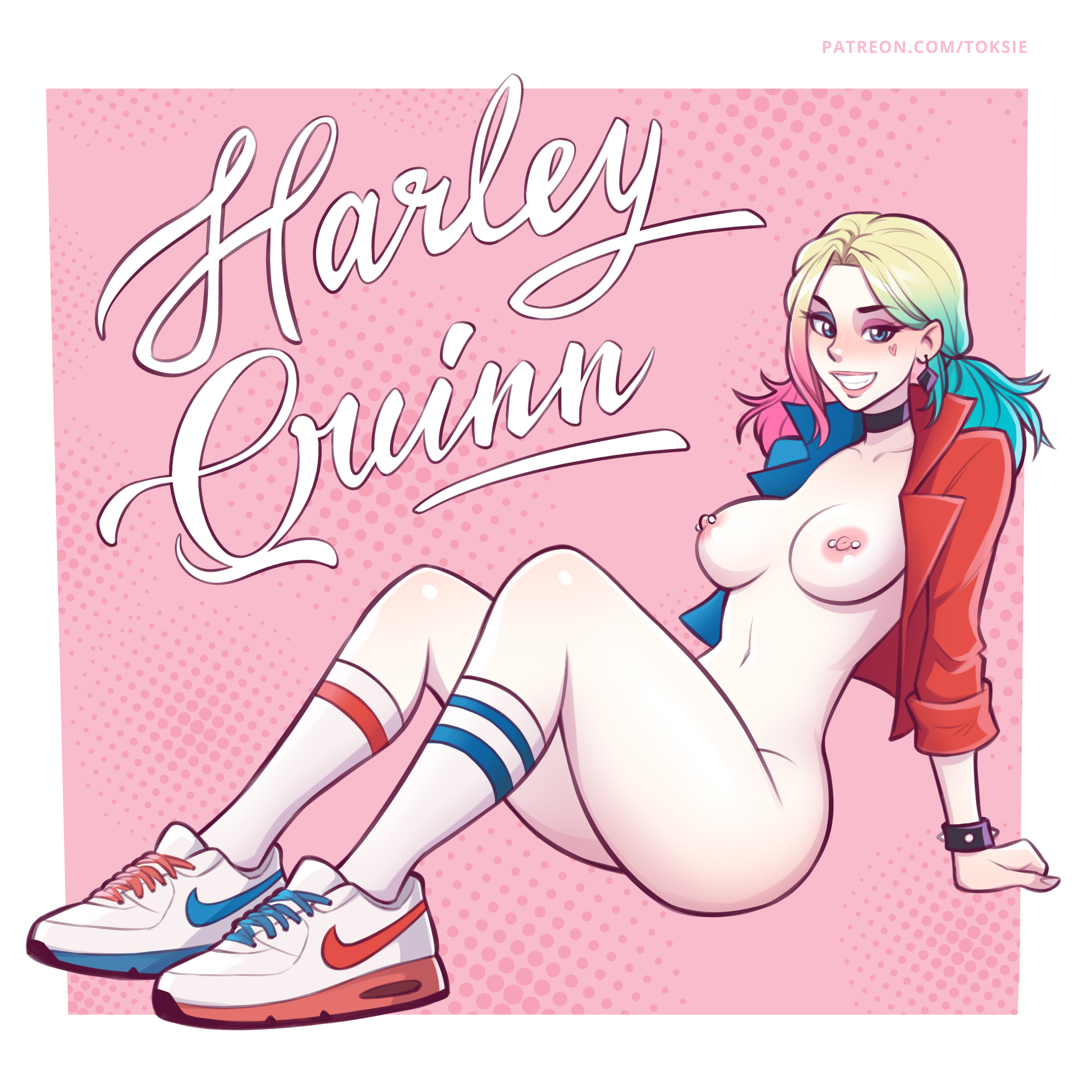 blonde hair, breasts, dc, dc comics, dyed hair, female, harley quinn, jacket, looking at viewer, naked footwear, nipple piercing, pose, shoes, smile, socks, toksie, white skin