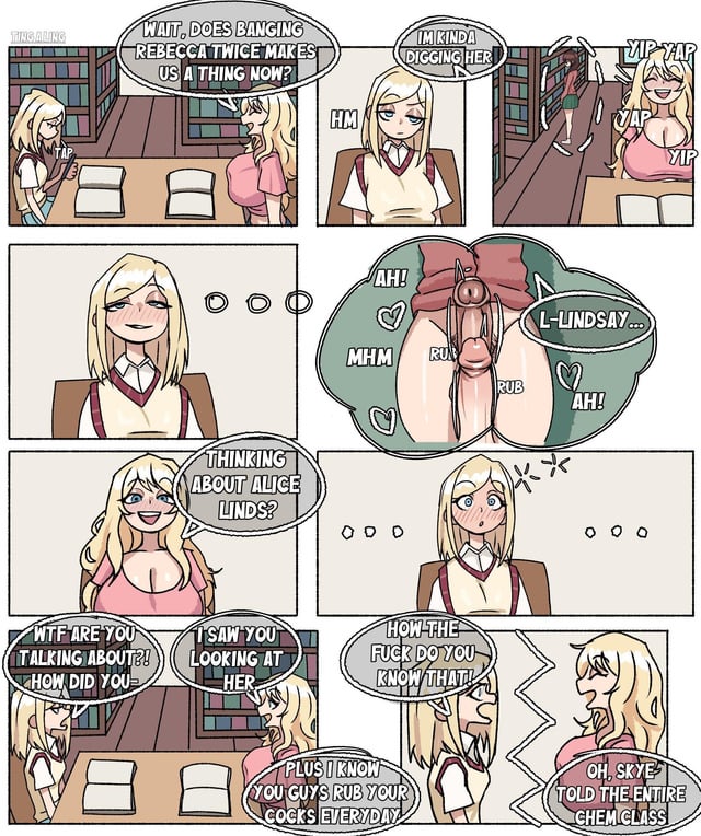 1futa, 9koma, alice (tingalinguy), better version at source, books, bookshelf, comic, female, futanari, hidden sex, intersex, library, lindsay (tingalinguy), lowres, madison (tingalinguy), tagme, tingalinguy