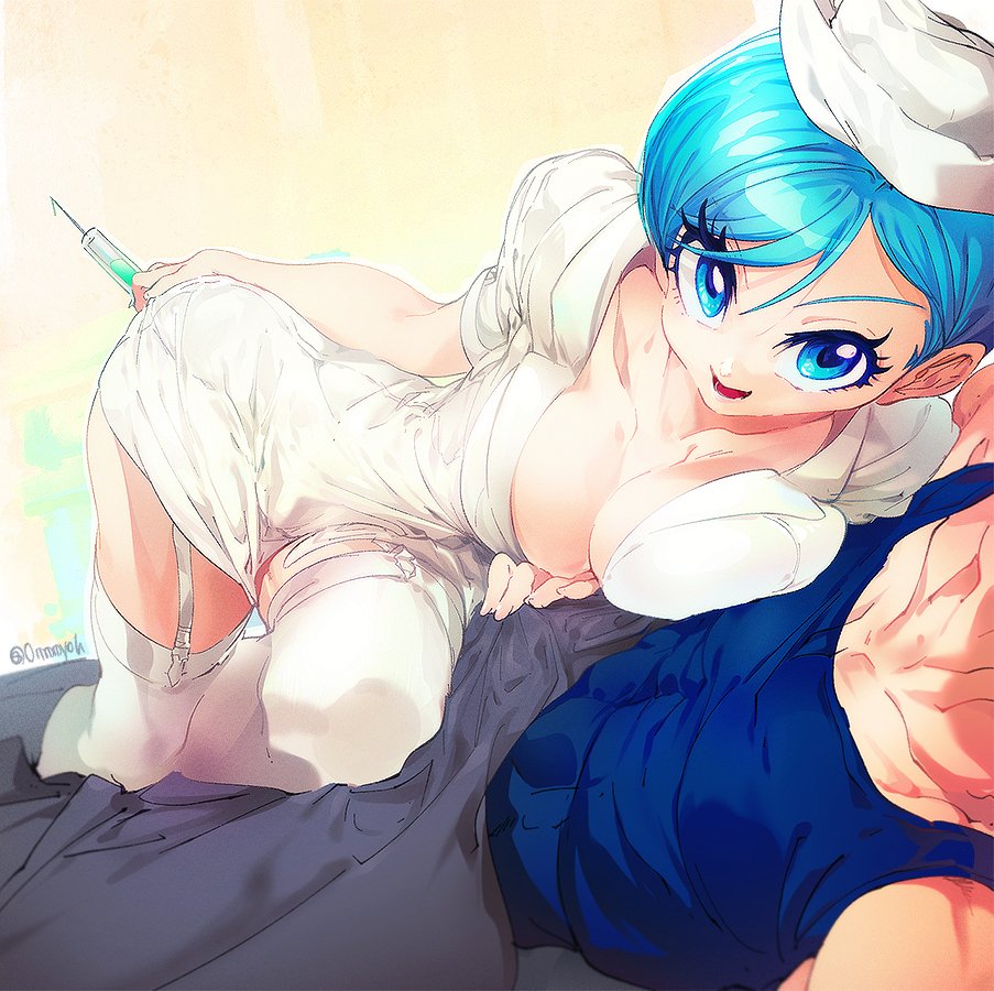 1boy1girl, blue hair, bulma briefs, dragon ball, female, male, married couple, nurse uniform, ommmyoh, vegeta