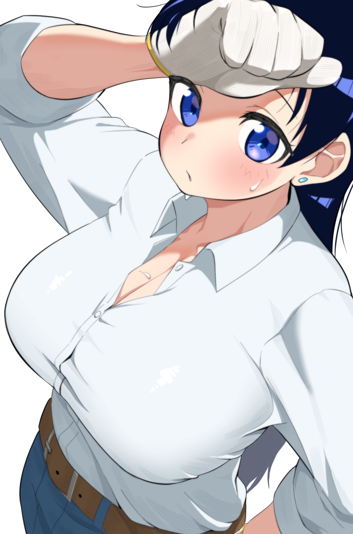 1girls, arato nagi, belt, big breasts, black hair, blue jeans, breasts, brown belt, cleavage, clothed female, collared shirt, denim, earrings, female, gloves, hand on own hip, highres, imiin, large breasts, light skin, light-skinned female, long hair, looking at viewer, purple eyes, ruri no houseki, shirt, shirt tucked in, simple background, sleeves rolled up, solo, solo female, standing, stud earrings, sweat, voluptuous, voluptuous female, white background, white collared shirt, white gloves