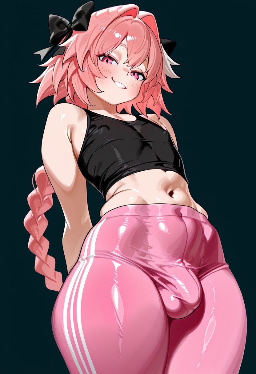 1boy, 1femboy, ai, ai generated, astolfo (fate), astolfo (fate/apocrypha), bulge through clothing, femboy, gravure soraka, male, male only, midriff, penis, penis through clothing, pink hair, smile, tank top, yoga pants