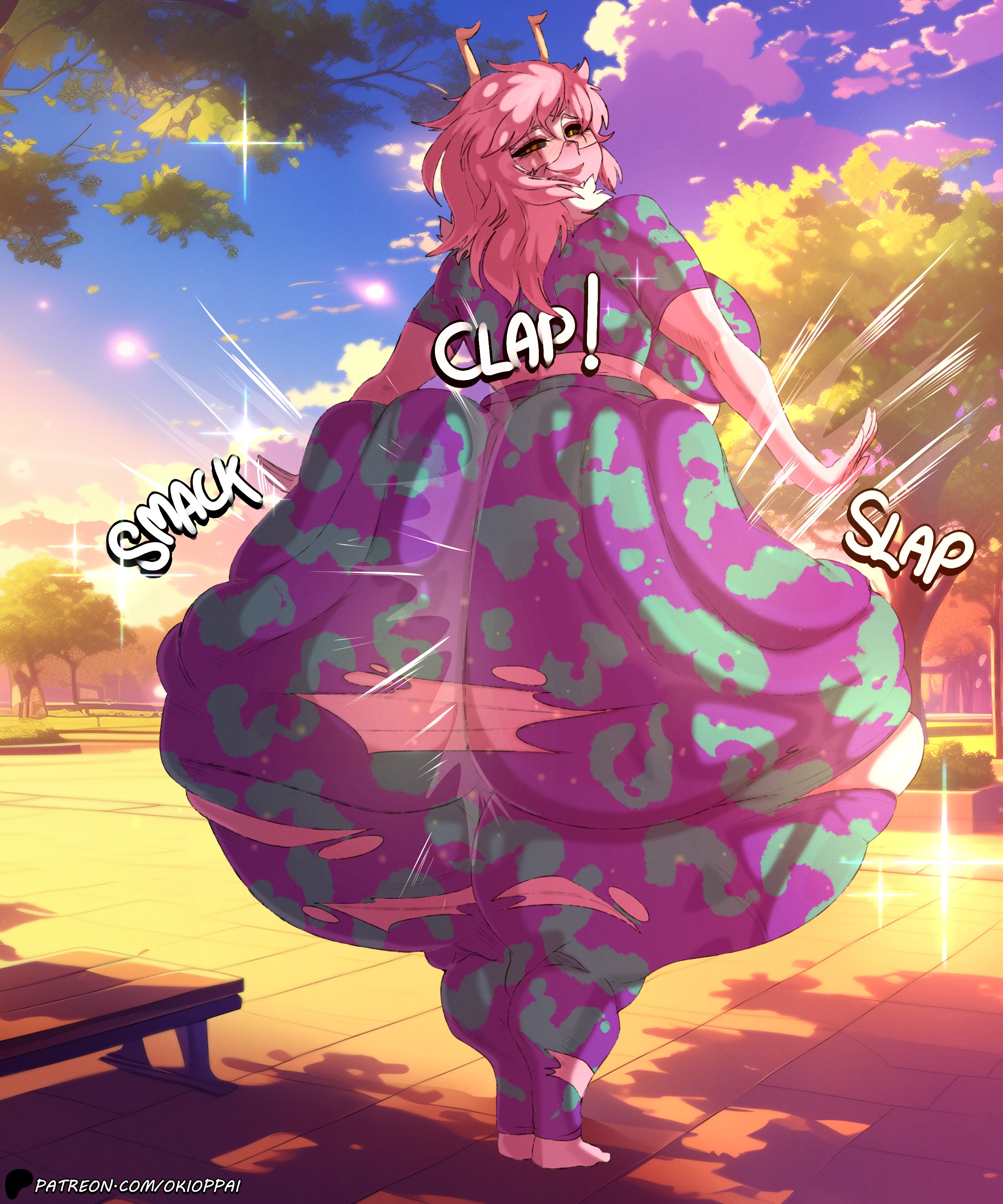 1girls, aged up, ass, ass bigger than head, ass bigger than torso, ass clapping, ass focus, barely contained, barely contained ass, big ass, big breasts, black sclera, bottom heavy, breasts, bubble butt, clapping cheeks, clothing, fat ass, female, female only, glasses, horns, huge ass, hyper, hyper ass, large ass, long hair, looking at viewer, looking back, massive ass, mina ashido, my hero academia, my hero academia (finale), okioppai, outdoors, pink hair, pink skin, post-timeskip, ripped clothing, ripped pants, rippling ass, solo, thick ass, thick thighs, thunder thighs, torn clothes, twerking, wide hips