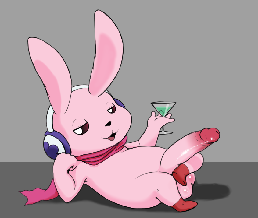 1boy :3 alcohol balls beverage big_penis clothing cocktail cutemon digimon erection headphones holding_object humanoid_penis hyper lagomorph long_ears male male_only mammal martini nivy_(artist) open_mouth penis rabbit scarf simple_background solo