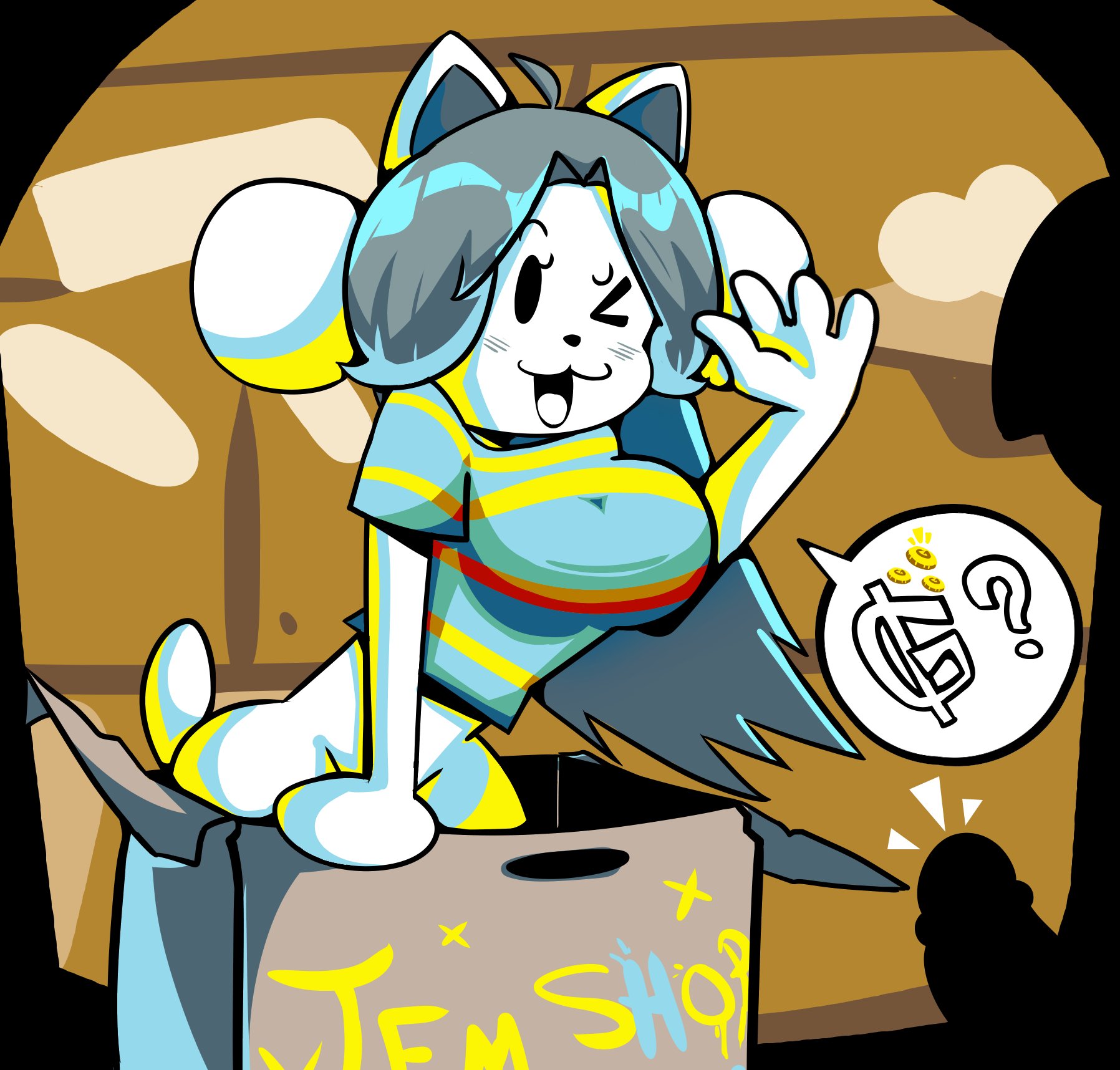 1boy, 1girls, anthro, big breasts, boy saltiest, breasts, cat ears, cat girl, female, frisk, frisk (undertale), imminent sex, male, mysaltisexposed, no panties, no pants, shop, tagme, temmie (undertale), undertale