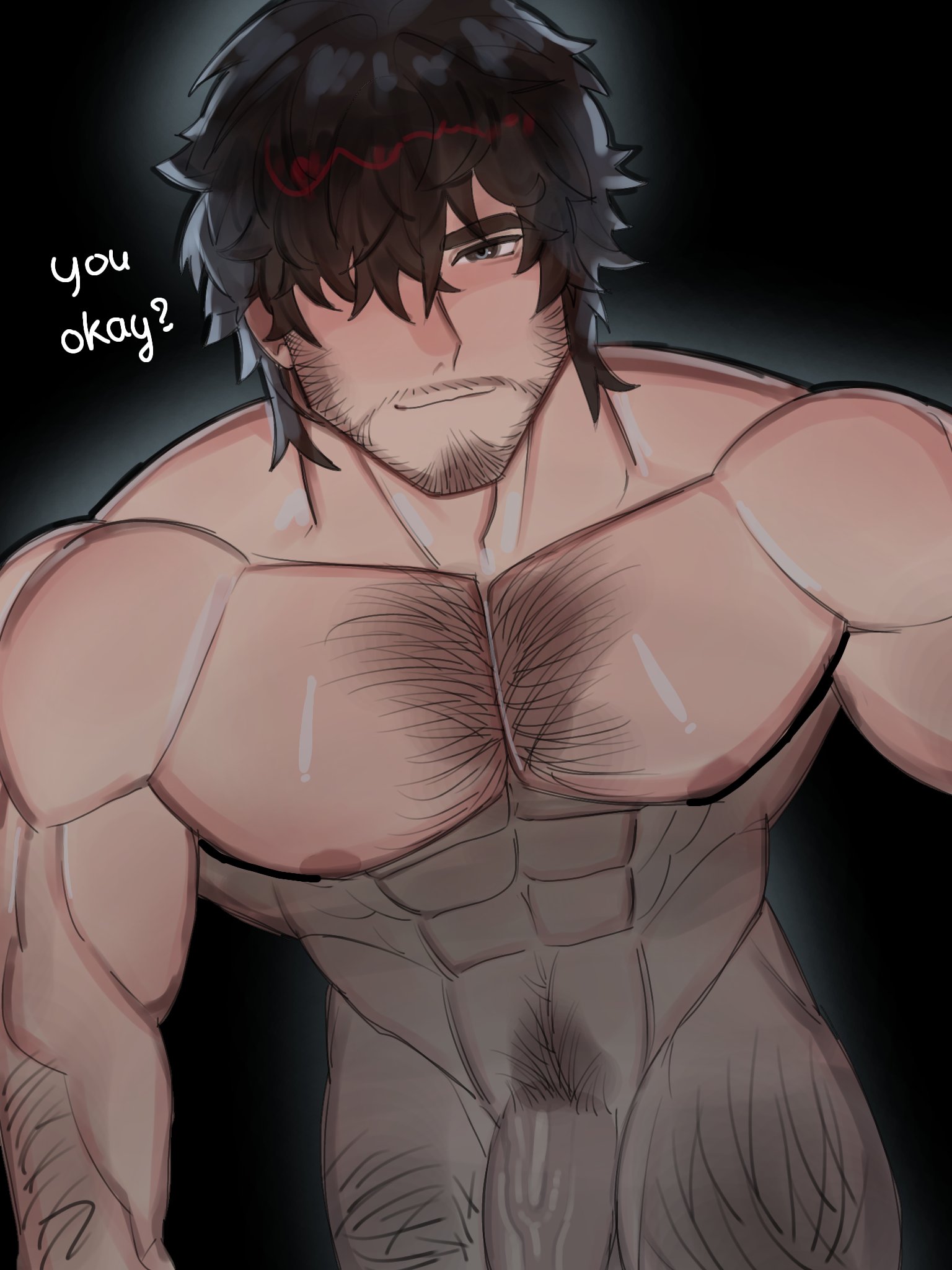 1boy, abs, apzapuru, asking a question, asking another, asking viewer, bara, facial hair, gay, hairy, hairy chest, hairy male, human, human male, male, male only, muscular, muscular male, penis, penis out, penis out of frame, penis outside, solo, up view, upper body, veiny penis, yaoi