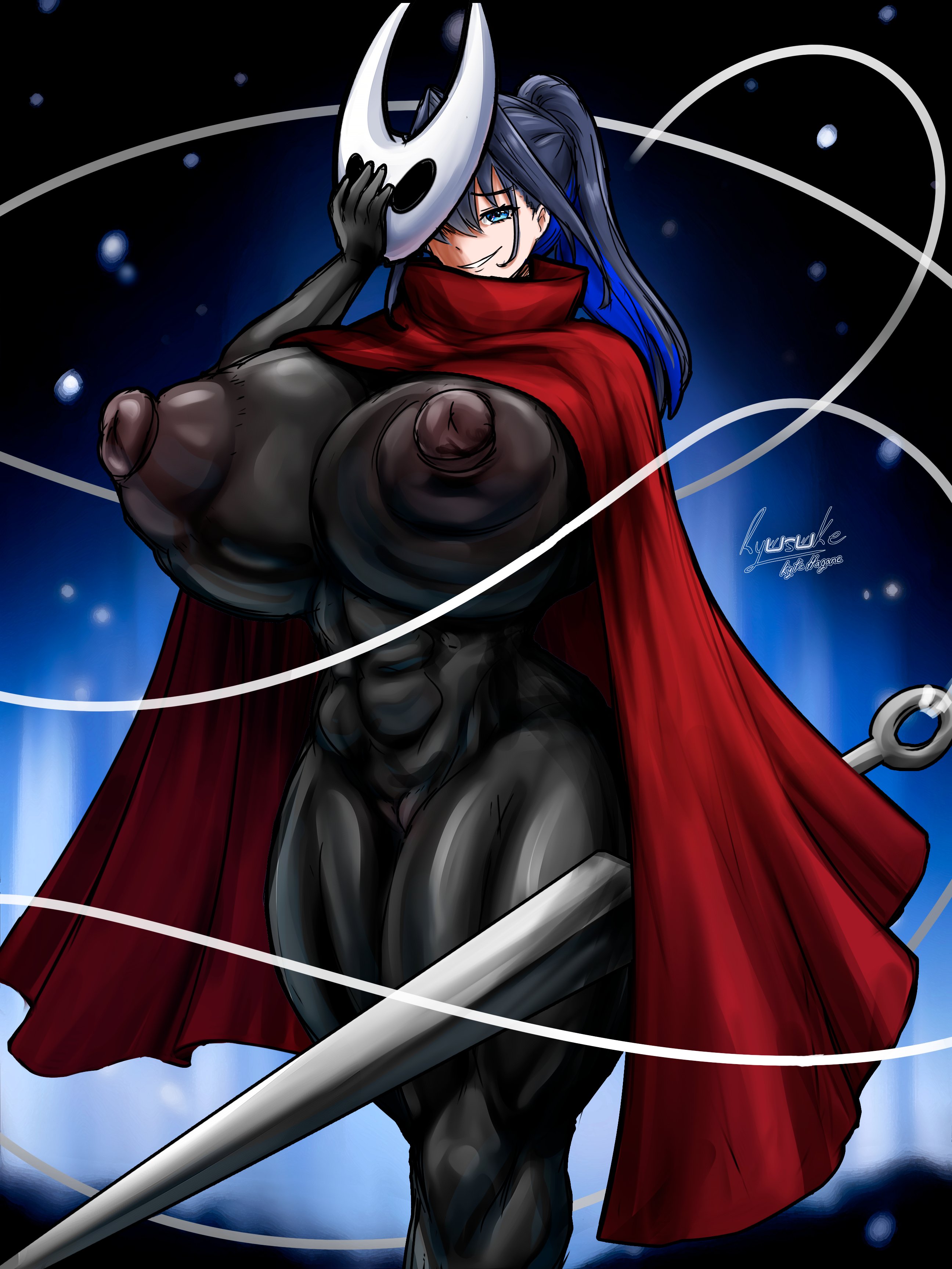 1girls, areolae, breasts, cosplay, female, hollow knight, hollow knight: silksong, hololive, hololive english, hololive english -council-, hololive english -promise-, hornet (hollow knight), hornet (hollow knight) (cosplay), huge breasts, looking at viewer, nipples, ouro kronii, ryusuke kh (ryusuke kyte hagane), tagme, virtual youtuber