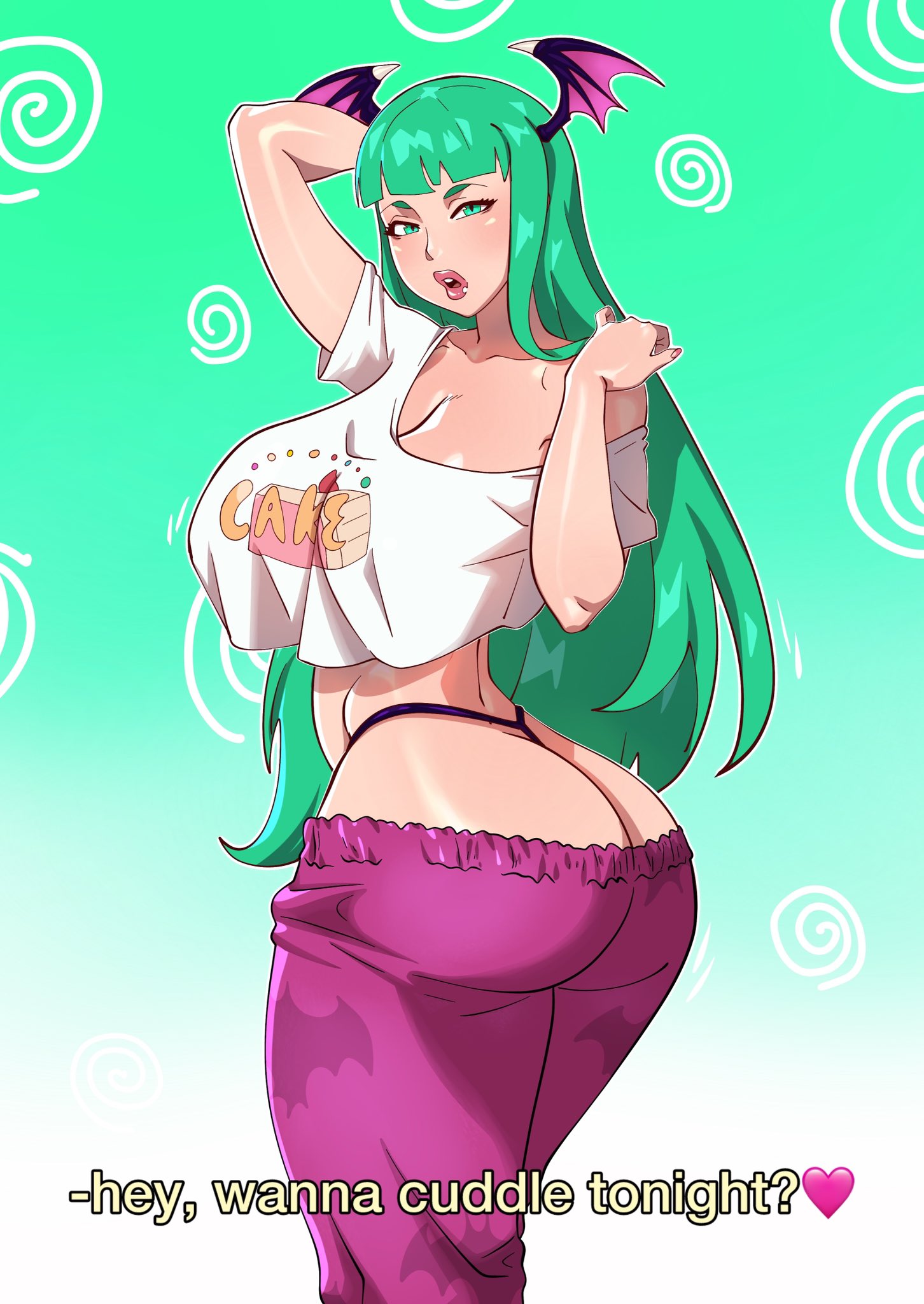1girls, big ass, big breasts, big thighs, breasts, bust, busty, capcom, curvaceous, curvy, curvy figure, darkstalkers, digital media (artwork), english text, female, green hair, hips, huge ass, huge breasts, humanoid, jtt artz, large ass, large breasts, light skin, light-skinned female, mature, mature female, morrigan aensland, slim waist, succubus, thick, thick hips, thick legs, thick thighs, thighs, voluptuous, waist, wide hips, wings, wings on head