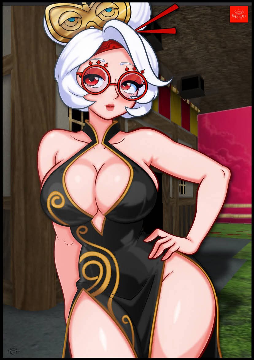 1girls, breath of the wild, cleavage, female, glasses, hand on hip, nintendo, no underwear, pale skin, purah, purah (tears of the kingdom), scantily clad, sexy, tagme, tears of the kingdom, the legend of zelda, white hair, yularcher