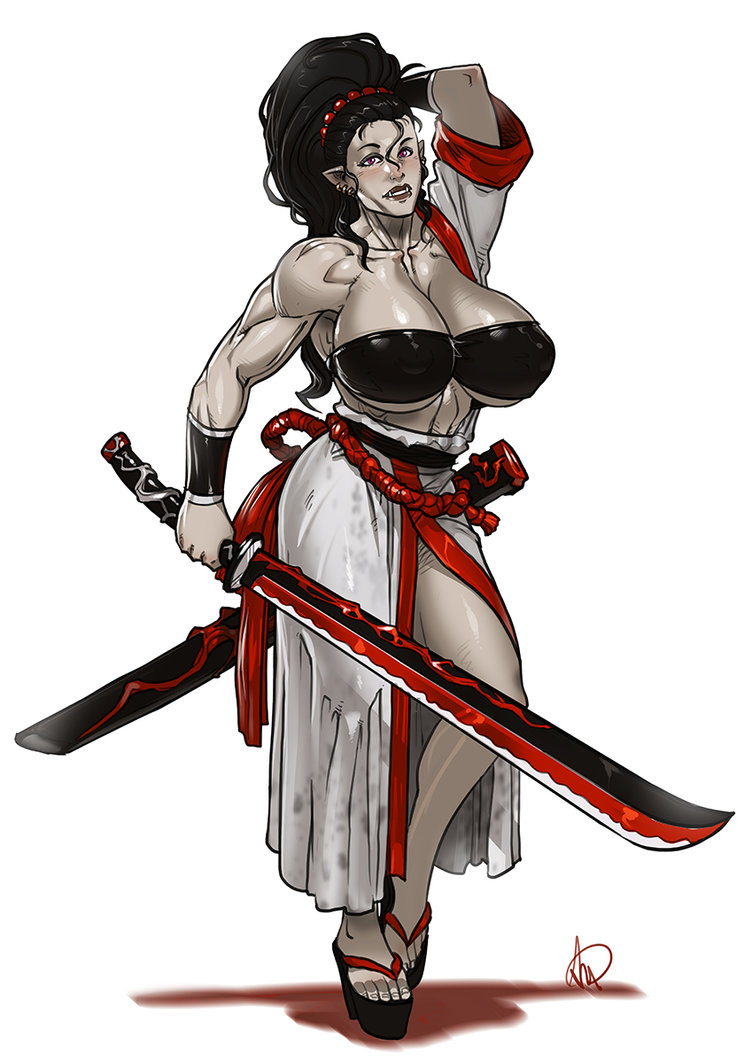 1girls, 2017, big breasts, black hair, breasts, female, female only, ganassa, kimono, long hair, muscular, muscular female, orc, orc female, original character, red eyes, solo, solo female