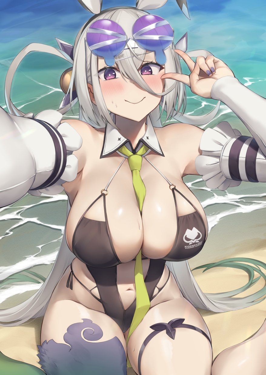 :>, blush, breasts, curvy, fate (series), fate/grand order, female, huge breasts, huyan zhuo (fate), huyan zhuo (swimsuit berserker) (fate), official alternate costume, plump, purple nails, thick thighs, v, voluptuous, wide hips