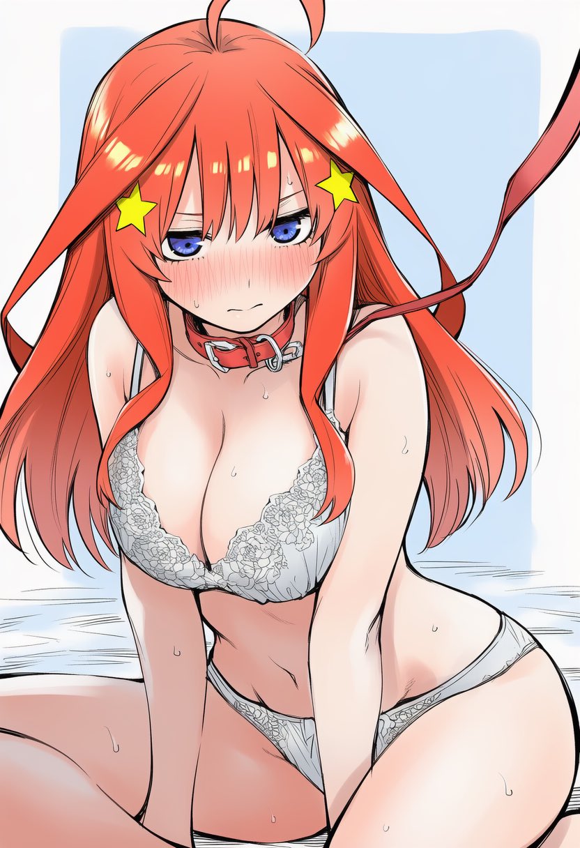 ai generated, blue eyes, blush, breasts, collar, female, go-toubun no hanayome, huge breasts, leash, leash and collar, looking at viewer, momo ai painter, nakano itsuki, red hair, underwear, white panties