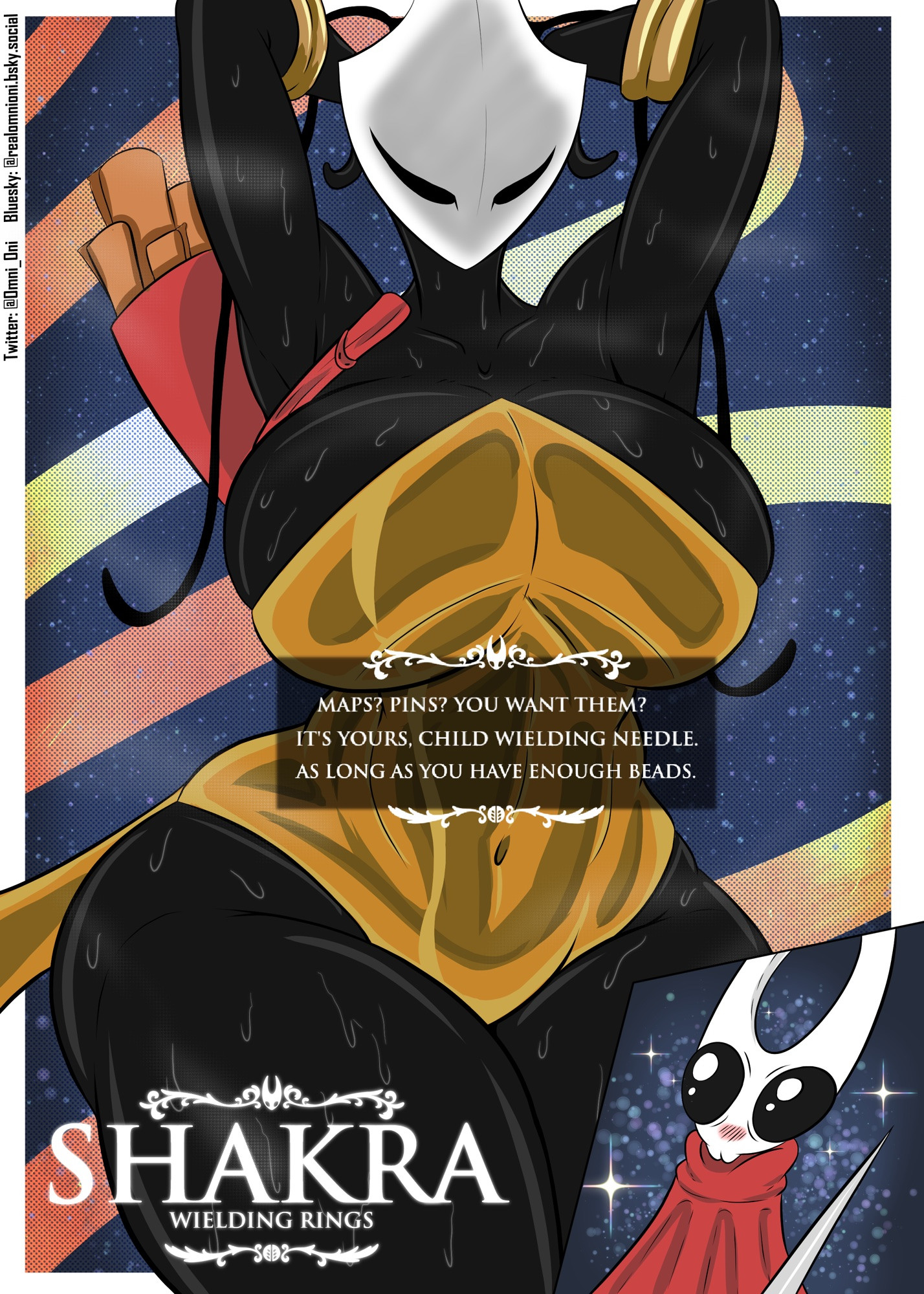 2girls, alternate version available, big breasts, big butt, breasts, female, hollow knight, hollow knight: silksong, hornet (hollow knight), omnioni, shakra (hollow knight), tagme, text, yuri