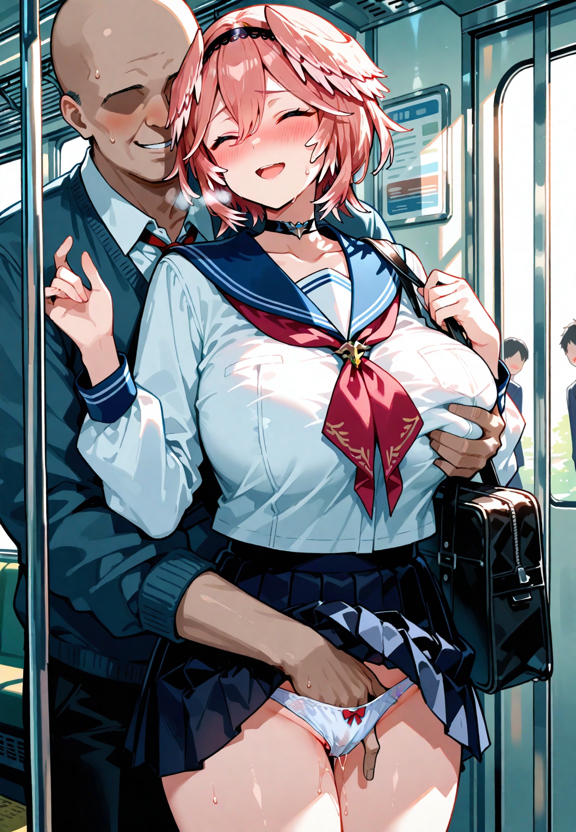 1girls, 1male, 1male1female, ai generated, big breasts, blush, blushing, breasts, closed eyes, exposed panties, female, fingering, fingering from behind, fingering pussy, groping, groping breast, hand in panties, high school student, hololive, hololive japan, holox, huge breasts, male, molestation, molester, molesting, pink eyes, public molestation, public transportation, pussy, school uniform, schoolgirl uniform, short hair female, skirt lift, smile, smiling, takane lui, train molestation, virtual youtuber, vtuber