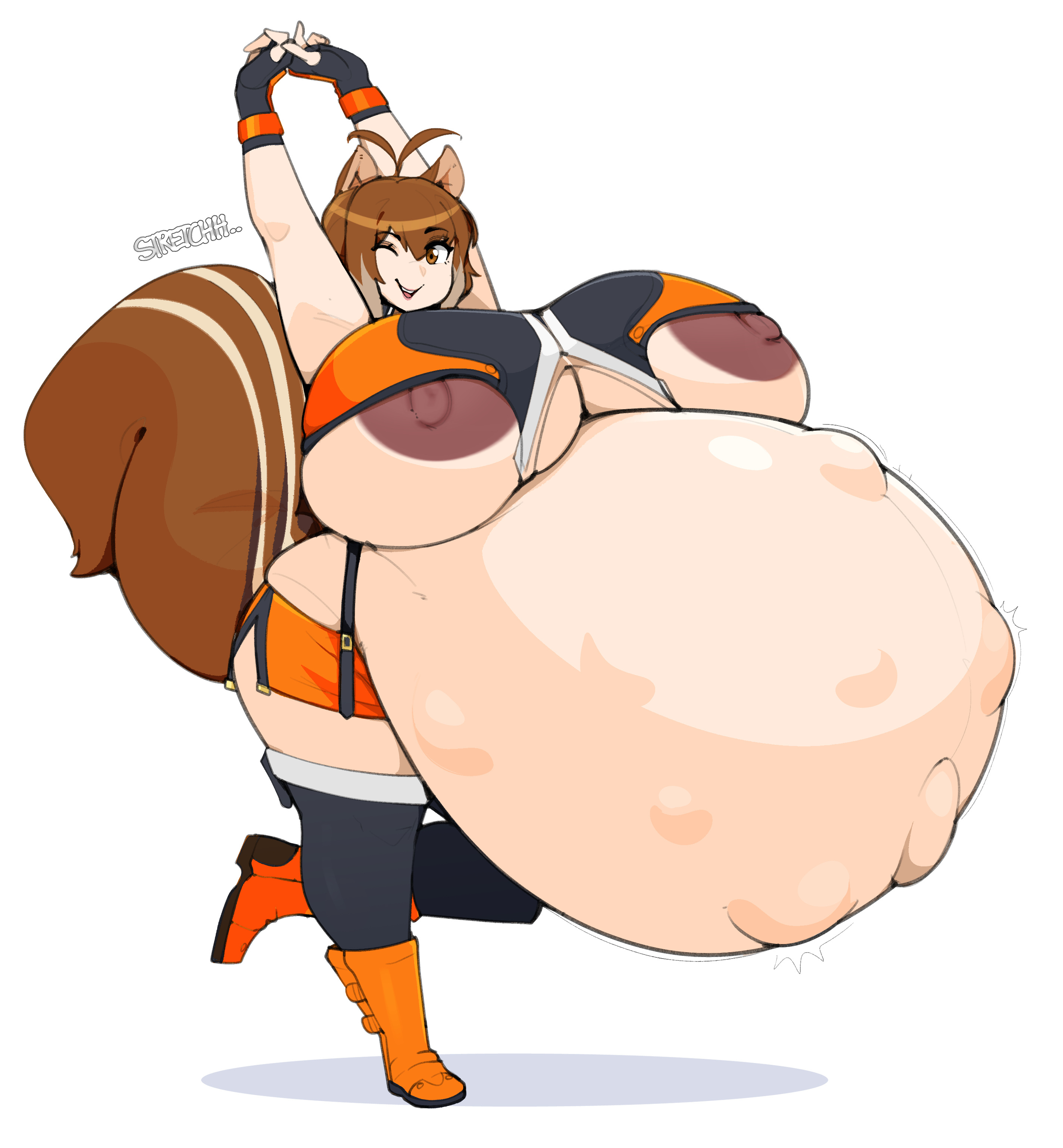 armpits, blazblue, blush, dark nipples, fetal movement, gigantic belly, huge areolae, huge nipples, hyper pregnancy, makoto nanaya, one eye closed, pregnant, stretching, zeruxu