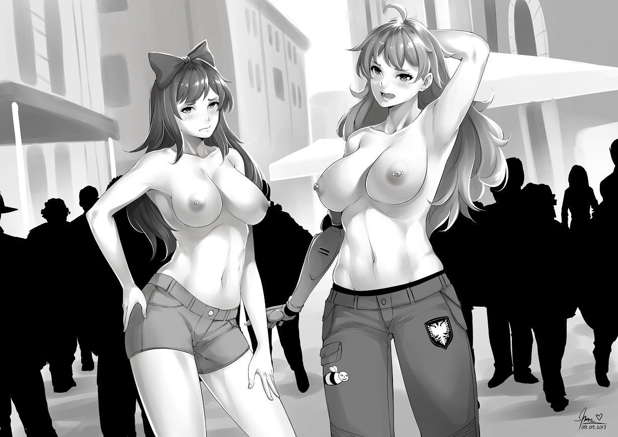 amputee, areola, big breasts, black hair, blake belladonna, blush, bow, breasts, casual, cybernetics, faunus, female, human, long hair, lulu-chan92, monochrome, nipple piercings, nipples, no bra, prosthetic, public, public exposure, robotic arm, rooster teeth, rwby, topless, yang xiao long