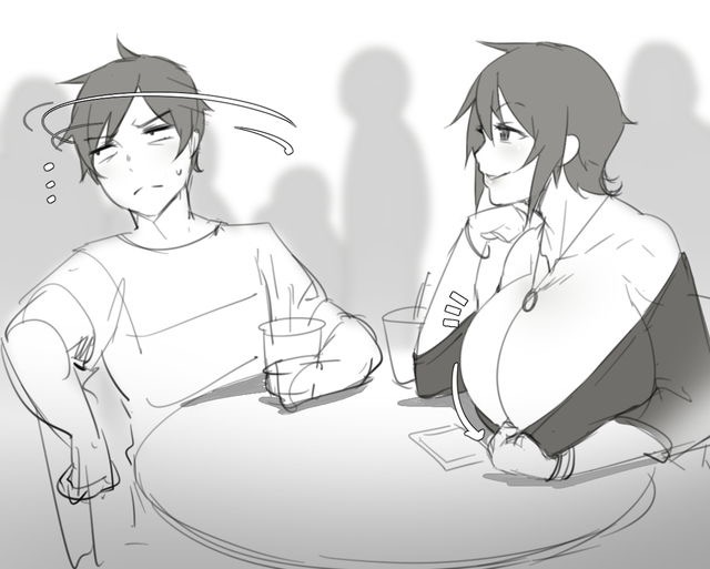 1boy, 1girls, ban (natedecock), breasts, breasts out, club, female, huge breasts, male, monochrome, mother, mother and son, natedecock, natsumi (natedecock), original, short hair, venus body