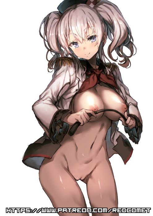 areolae beret blue_eyes blush bottomless breasts epaulettes female frilled_sleeves frills hat kantai_collection kashima_(kantai_collection) kerchief long_hair looking_at_viewer medium_breasts military military_uniform navel necktie nipples open_clothes open_shirt redcomet riding_crop shirt silver_hair simple_background smile solo tied_hair twintails uncensored uniform vagina wavy_hair white_background