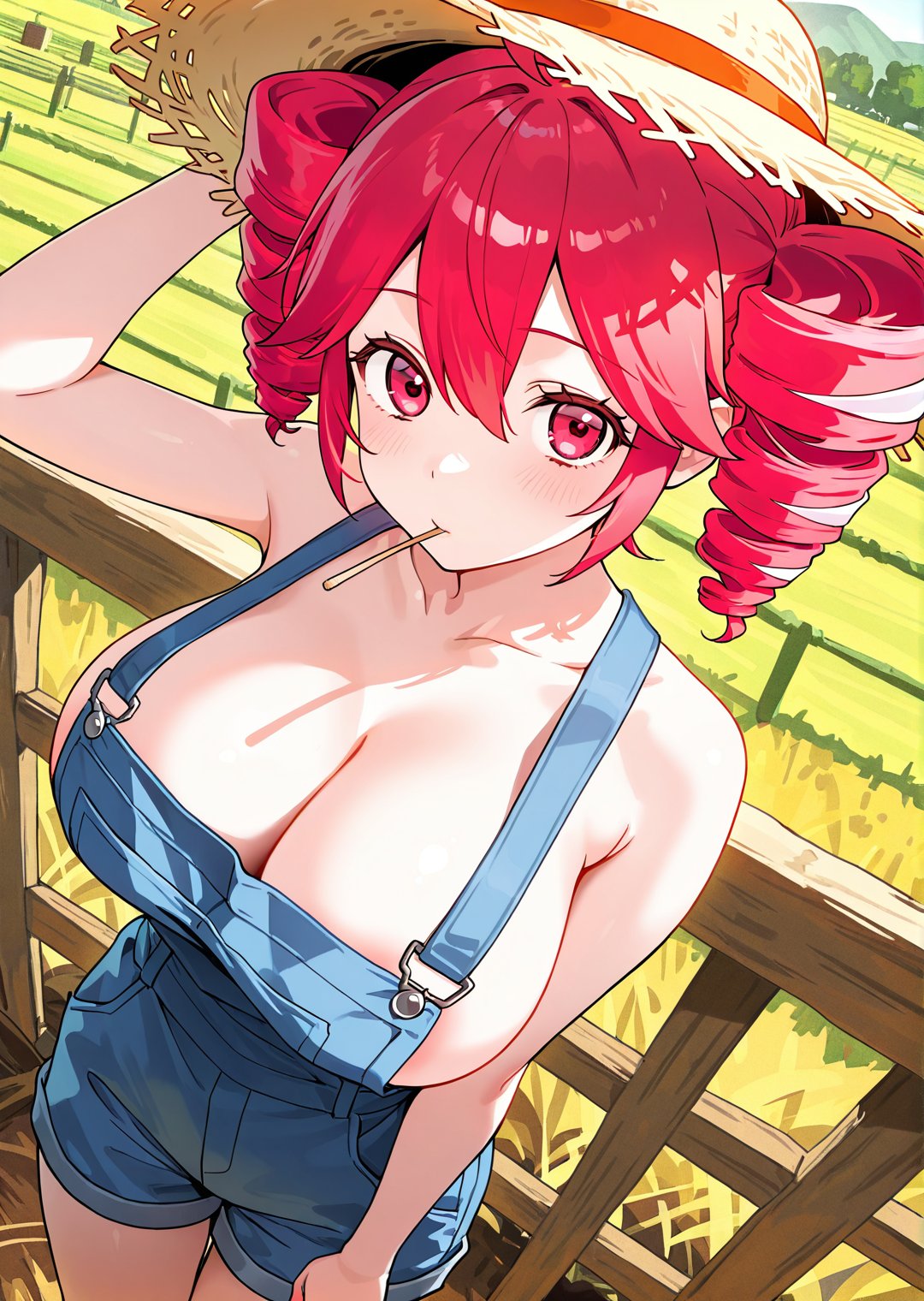 1girls, ai generated, areola slip, areolae, big breasts, blush, blush lines, breasts, cleavage, clothed, clothed female, clothing, curvaceous, curvy, curvy female, curvy figure, denim, denim clothing, female, female only, fully clothed, hair ornament, hat, high-angle view, huge breasts, kasane teto, kasane teto (sv), large breasts, massive breasts, no bra, outdoors, overalls, red eyes, red hair, setzerstaffel, sideboob, straw hat, synthesizer v, thick thighs, thighs, toothpick, top heavy, twin drills, utau, voluptuous, voluptuous female