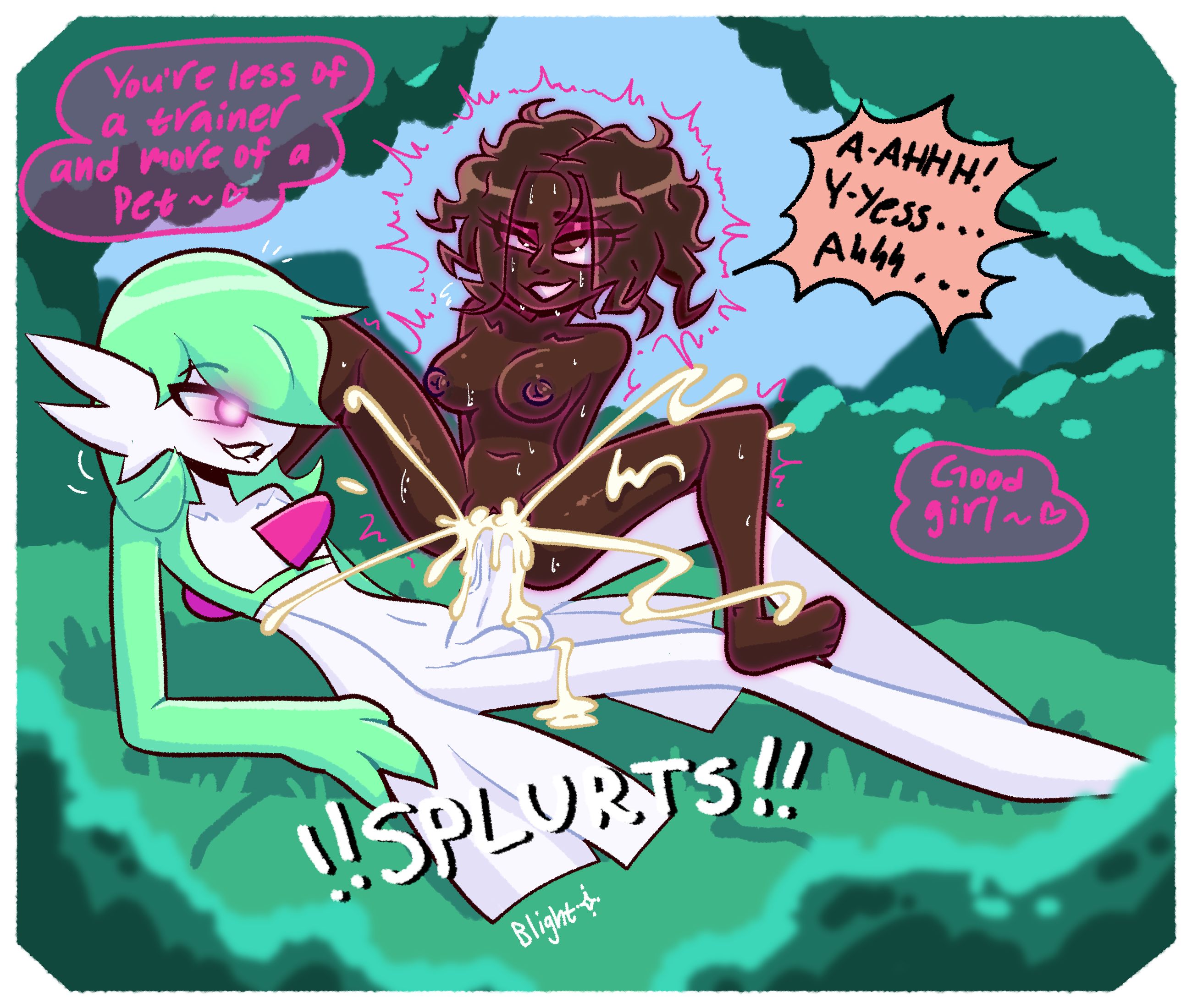 1boy, 1girls, ahe gao, biting lip, blightstar, breasts, brown hair, cum, cum in pussy, cum inside, dark skin, dialogue, english text, eyes rolling back, female, forest, gardevoir, human, large penis, leaning back, lifted by another, male, male gardevoir, male pokemon/female human, medium breasts, medium hair, naked, onlyfans model, outdoors, penis, petplay, pokemon, pokemon (species), pokephilia, psychic powers, pussy, speech bubble, squatting cowgirl position, submissive female, tagme, telekinesis, vaginal penetration, white skin