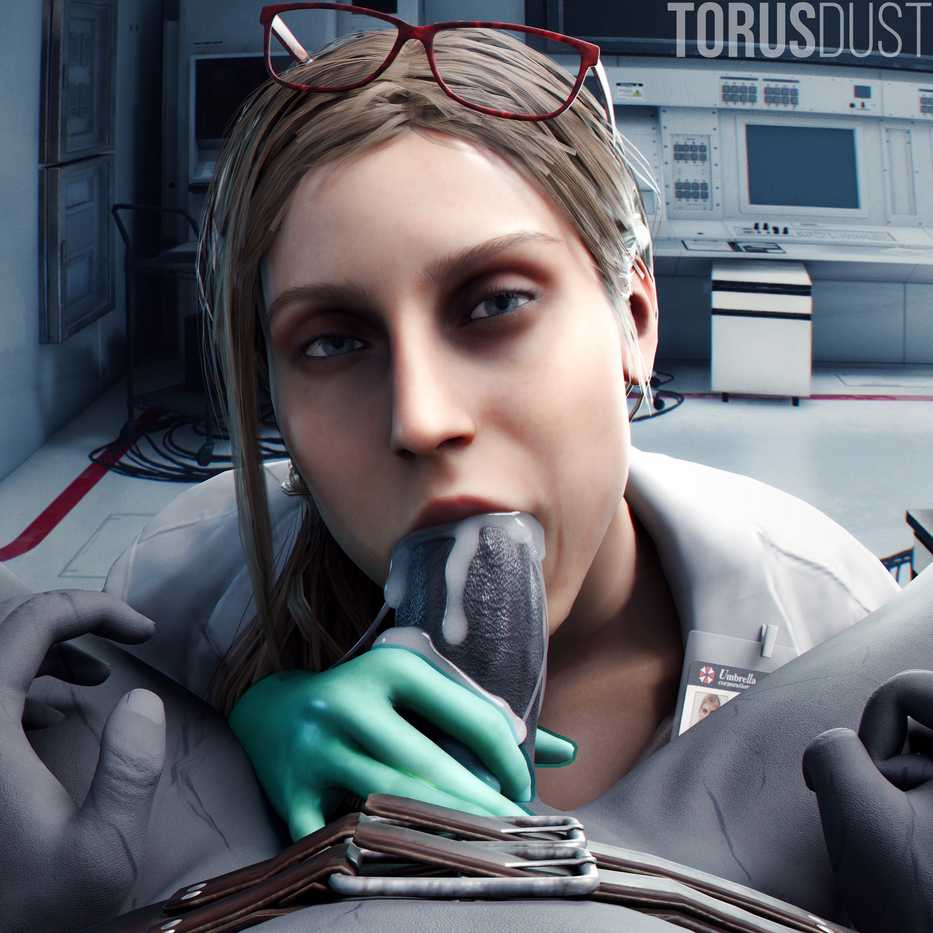 1boy, 1girls, 3d, annette birkin, annette birkin (malgorzata dittmar), biohazard, blonde female, blonde hair, blowjob, blowjob face, blowjob only, capcom, clothed, clothed female, clothed sex, cum, cum in mouth, cum inside, fellatio, fellatio gesture, female, female on male, female on top, glasses, glasses on head, gloved handjob, gloves, green gloves, hand on penis, handjob, handjob with gloves, hi res, high resolution, highres, holding penis, human, labcoat, laboratory, latex gloves, male, male on bottom, mature female, medical gloves, milf, oral, oral sex, pov, resident evil, resident evil 2, resident evil 2 remake, straight, torusdust, touching penis, zombie