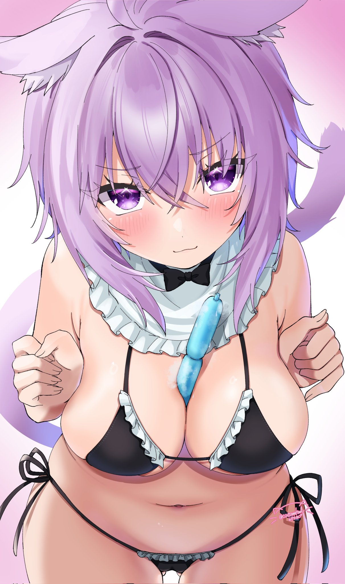 ahoge, animal ear fluff, animal ears, between breasts, bikini, black bikini, blush, breasts, breasts squeezed together, cat ears, cat girl, cat tail, female, food, frilled bikini, frills, hair between eyes, highres, hololive, hololive gamers, hololive japan, large breasts, looking at viewer, navel, nekomata okayu, purple eyes, purple hair, short hair, side-tie bikini bottom, simple background, solo, swimsuit, tail, toketa neko, tupet, virtual youtuber