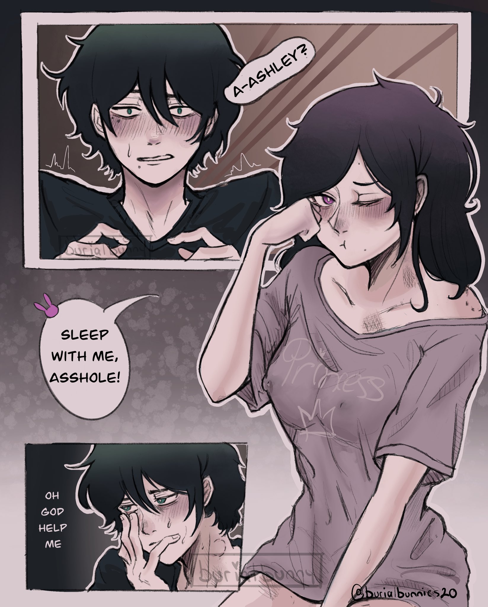 1boy, 1girls, 2d, andrew graves, ashley graves, bite mark, black hair, blush, breasts, brother and sister, bruise, burialbunny, consensual incest, consensual non consent, dialogue, dreaming, english text, exposed shoulder, female, flustered, green eyes, hickey, incest, light-skinned female, light-skinned male, long shirt, male, nipple bulge, nipples, nipples visible through clothing, pink eyes, pokies, rubbing eyes, shirt, siblings, teenager, the coffin of andy and leyley