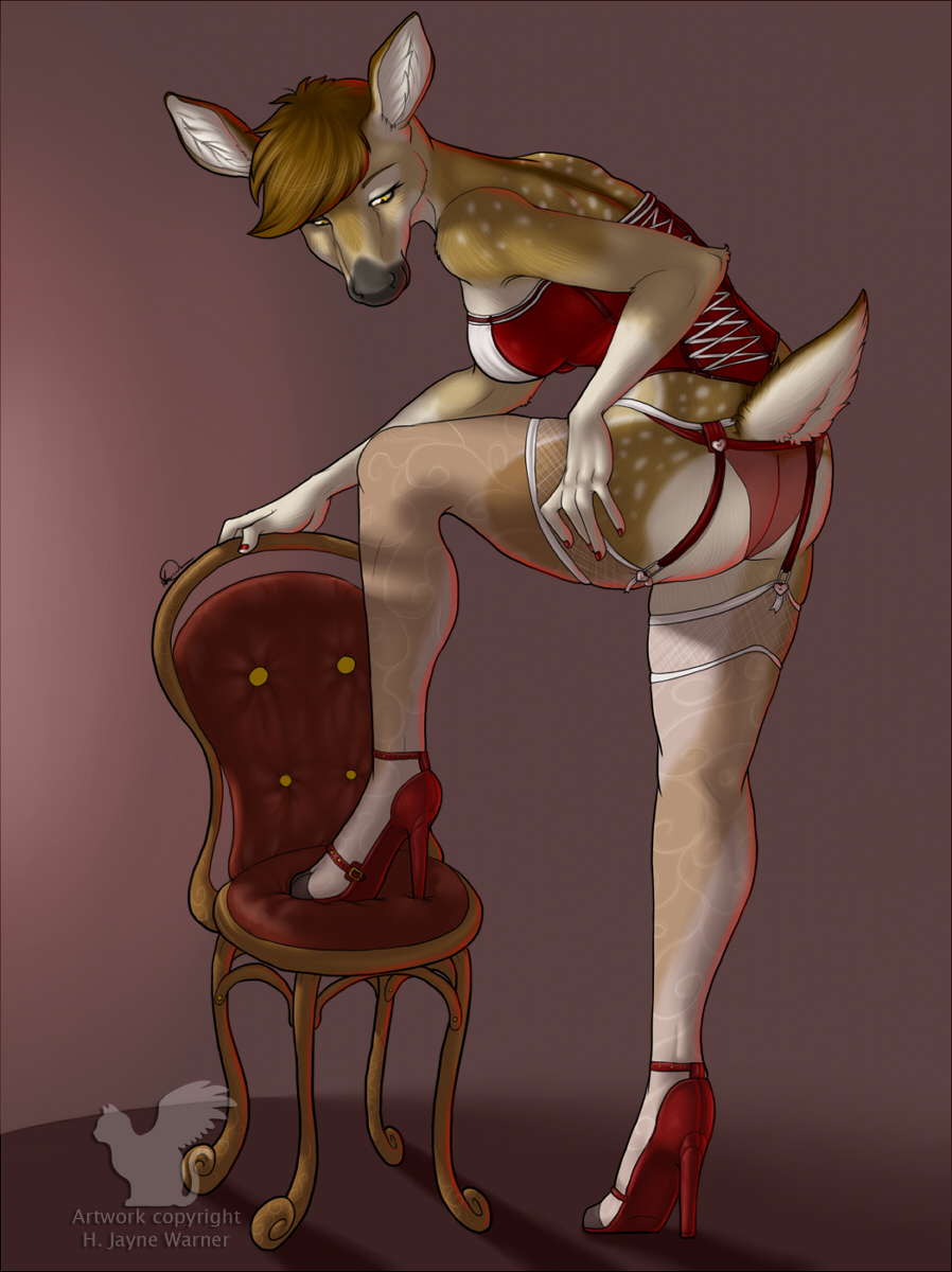 anthro ass cervine clothed clothing corset deathjingle deer female footwear garter_belt garter_straps hi_res high_heels legwear lingerie mammal shoes skimpy solo stockings