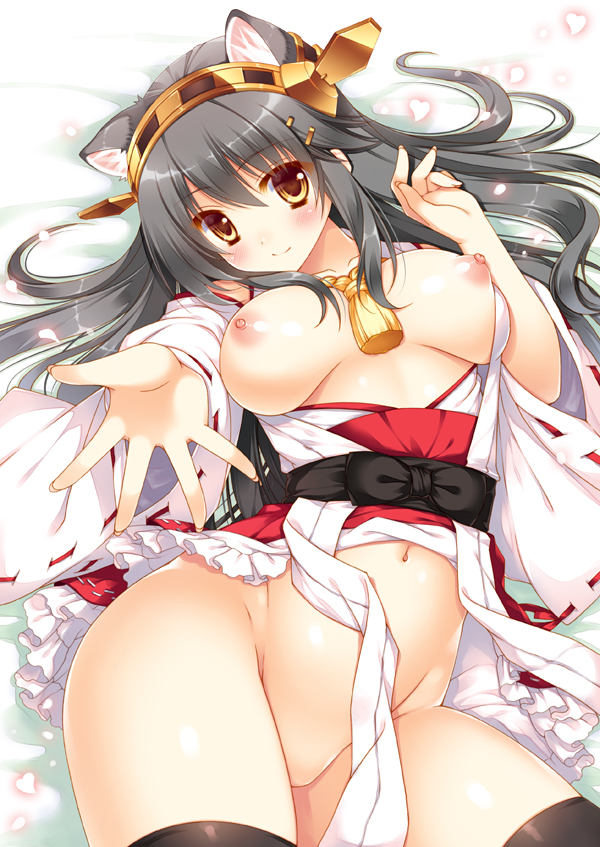 animal_ears ass black_hair boots breasts brown_eyes cat_ears cowboy_shot detached_sleeves eyebrows_visible_through_hair female hair_ornament hairband hairclip haruna_(kantai_collection) headgear kantai_collection large_breasts long_hair looking_at_viewer lying navel nipples nontraditional_miko on_back outstretched_arm red_skirt shigunyan skirt smile solo thigh_boots thighhighs yellow_eyes