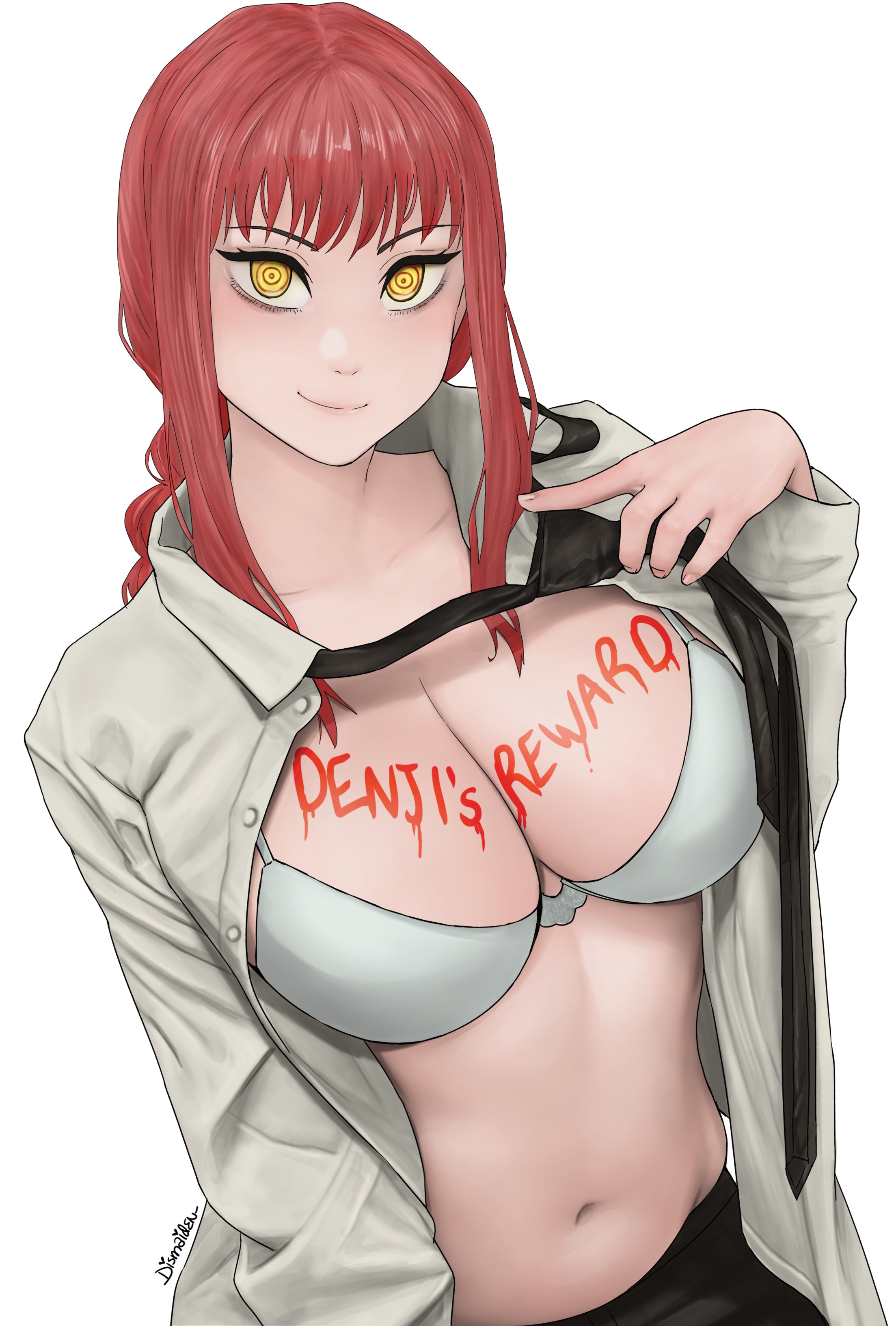1girls, body writing, bra, chainsaw man, cleavage, dismaiden, female, looking at viewer, makima (chainsaw man), open clothes, red hair, smile, solo, undressing, white background, yellow eyes