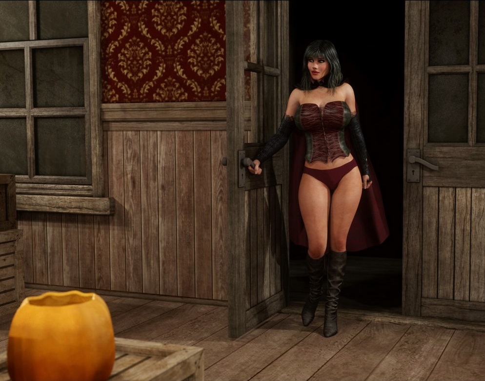 3d bare_shoulders big_breasts black_hair blackadder blackadder3d boots cape cloak corset curvy dark_hair door female halloween high_heel_boots high_heels hourglass_figure long_boots mantle medium_hair open_door panties red_panties skimpy skyla_(blackadder) solo tavern thick_thighs thighs unconvincing_armor vampire wide_hips wooden_floor