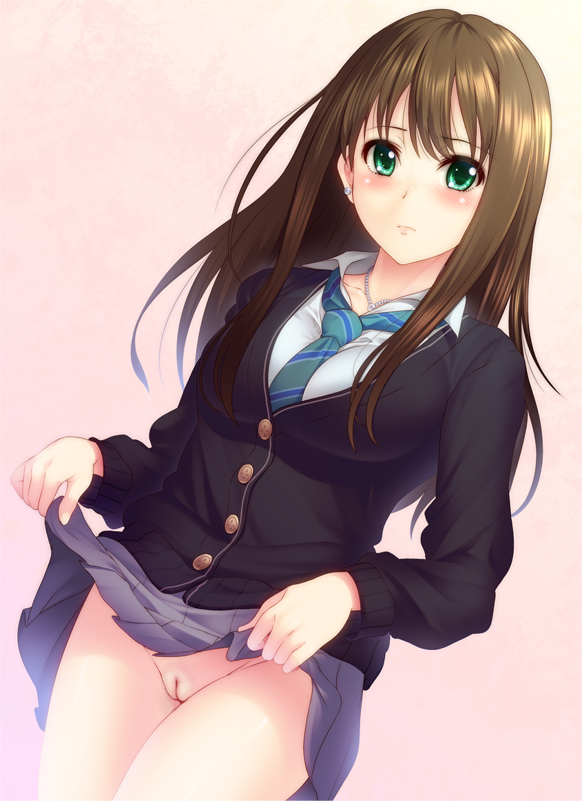 10s 1girls 846-gou bare_thighs blazer blush blush_lines blushing brown_hair collarbone decensored dutch_angle earrings eyebrows_visible_through_hair female green_eyes idolmaster idolmaster_cinderella_girls jacket jewelry long_hair looking_at_viewer medium_breasts necklace necktie no_panties noir846 nopan pink_background pussy school_uniform shaved_pussy shibuya_rin simple_background skirt skirt_lift solo tie_between_breasts uncensored