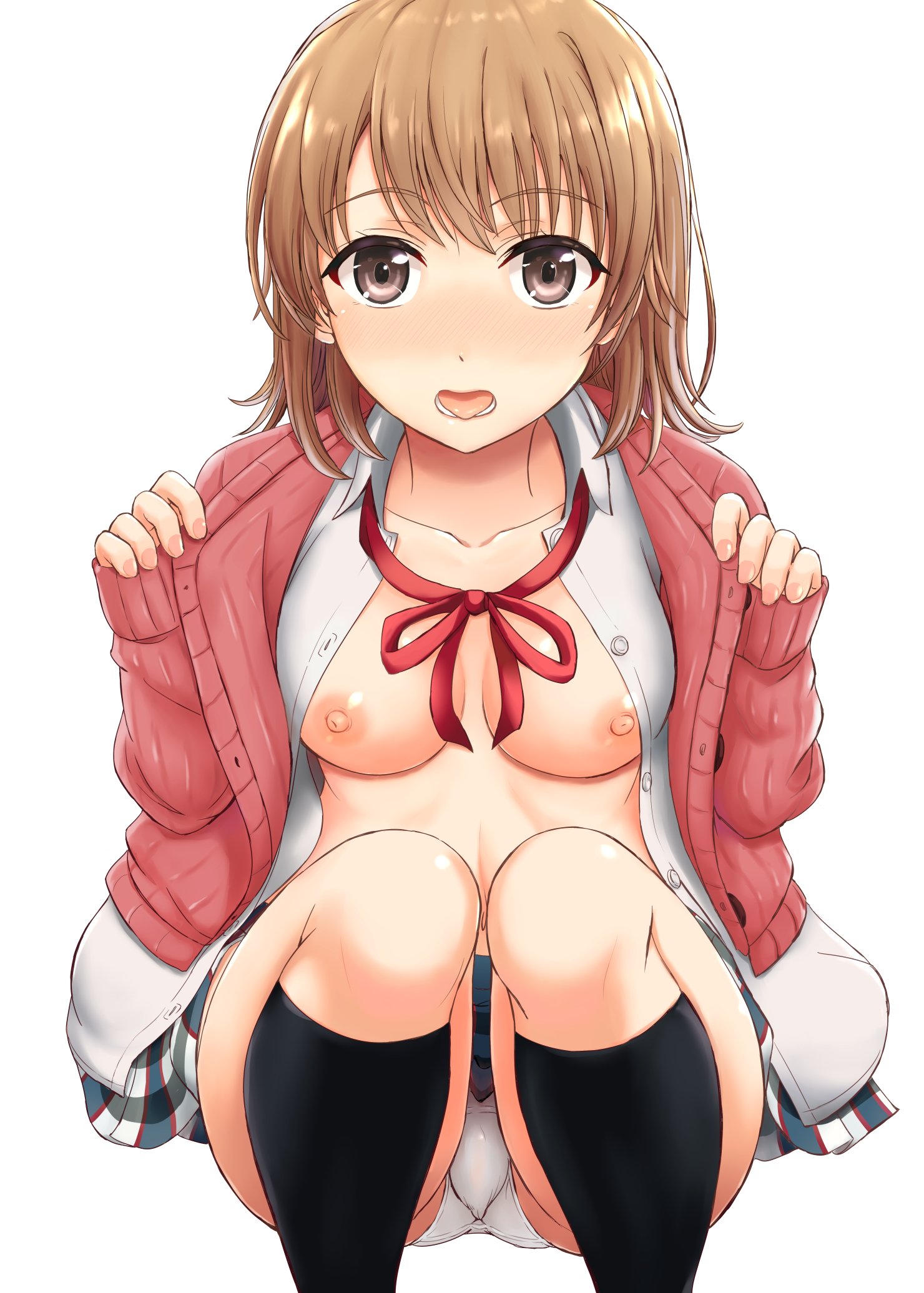 blazer, blush, bow, breasts, brown eyes, brown hair, female, highres, inanaki shiki, isshiki iroha, jacket, looking at viewer, medium breasts, my teen romantic comedy snafu, nipples, open mouth, panties, pantyshot, pantyshot (squatting), school uniform, short hair, solo, squatting, underwear