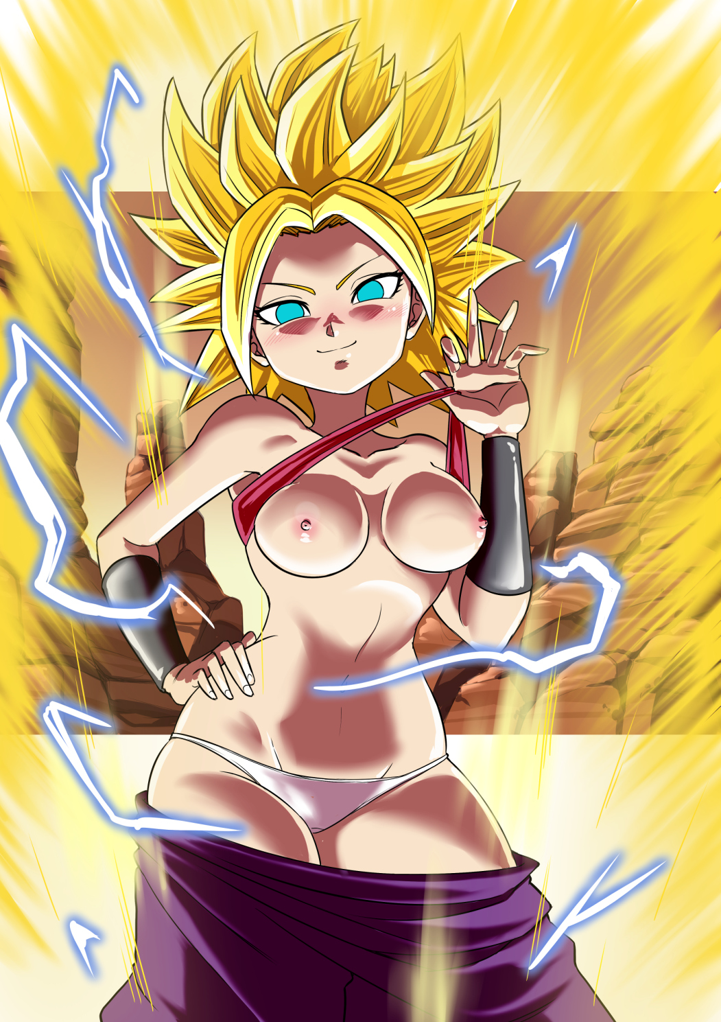 1girls acpuig aura blonde blonde_hair blue_eyes breasts breasts_out caulifla dragon_ball dragon_ball_super female female_only flashing nipples pants pants_down saiyan shiny_breasts shiny_skin shirt shirt_lift shirt_up solo spiky_hair super_saiyan topless