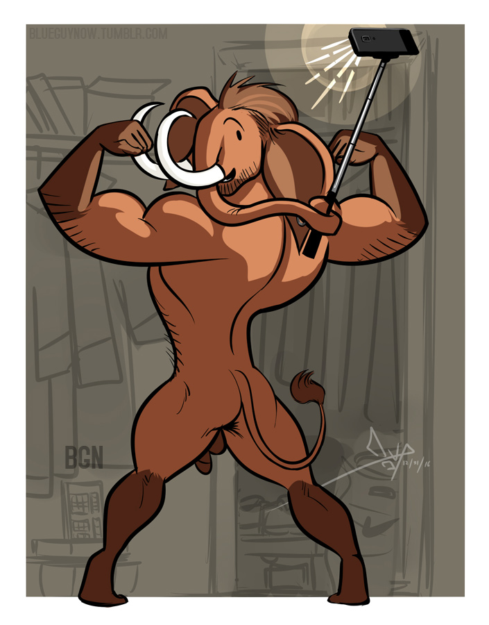 2016 anthro balls bgn big_ears brown_fur brown_hair curtis_(bgn) flaccid fur hair male male_only mammoth muscular muscular_male nude penis rear_view selfie selfie_stick solo standing trunk tusks