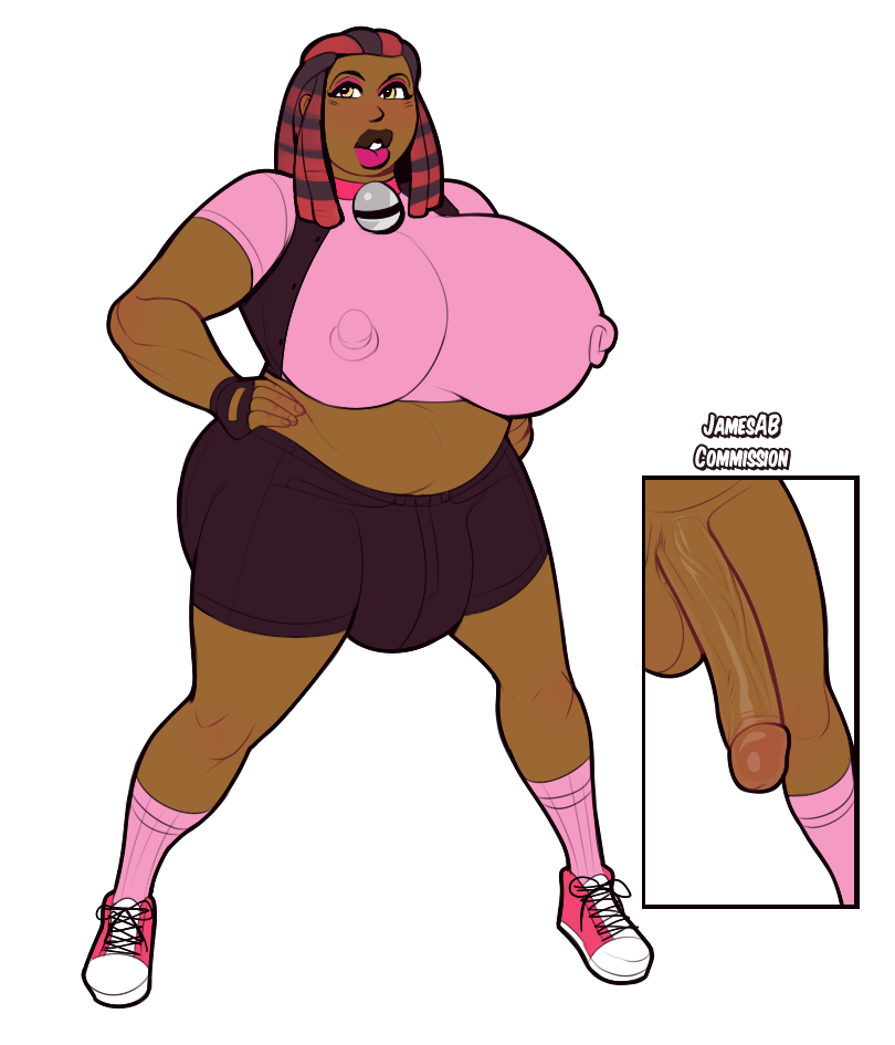 1futa, balls, big balls, big breasts, big penis, black hair, breasts, bulge, choker, crop top, dark skin, dark-skinned futa, eyeshadow, female, fingerless gloves, futa only, futanari, hands on hips, intersex, jamesab, kneehighs, makeup, nipple bulge, penis, pink lipstick, short shorts, thick thighs, veiny penis, voluptuous