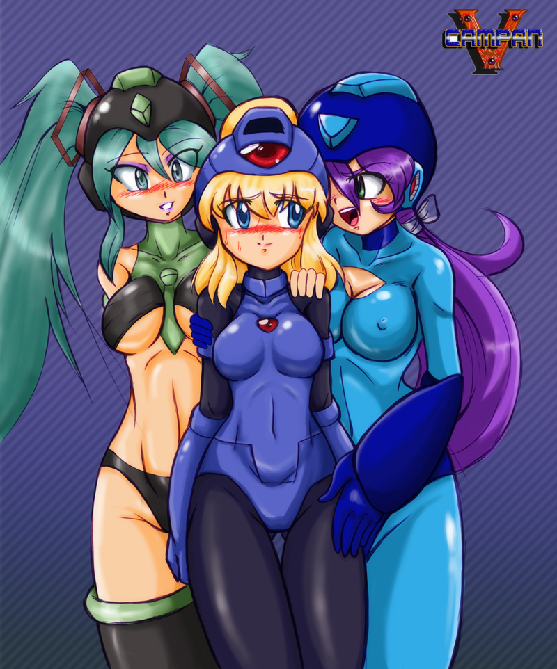 3girls armor bangs bare_shoulders big_breasts blonde_hair blue_eyes blush bodysuit breasts capcom cleavage clothed clothes collarbone crossover erect_nipples female female_only gem gloves green_eyes green_hair grin hair hand_on_shoulder hatsune_miku helmet hourglass_figure lips lipstick long_hair makeup mega_man mega_man(classic) mega_man_(character) multiple_girls navel open_mouth ponytail purple_hair revealing_clothes robot robot_girl rokko-chan rokko-chan_(character) rubbing rule_63 signature simple_background skimpy_clothes smile sweat teeth thigh_highs thighs tie twintails underboob underwear vcampan vocaloid yuri