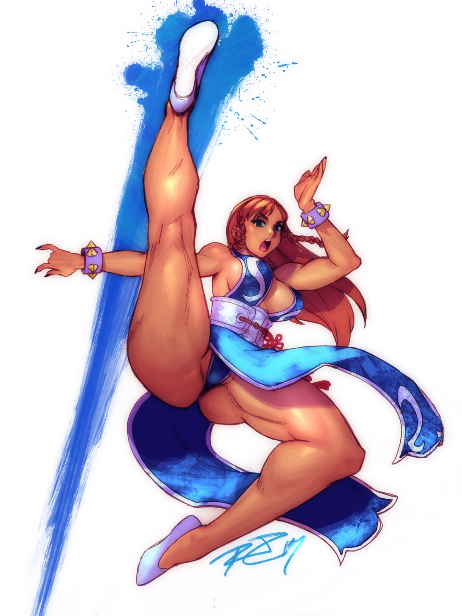 1girls, alone, alternate costume, asian, bare shoulders, braids, breasts, brown hair, capcom, chun-li, chun-li (battle ouffit sfv), cleavage, clothed, curvy, female, female only, fighting stance, flats, highres, hips, kick, kicking, large breasts, long hair, muscular, muscular legs, negarobo, open mouth, shoes, solo, street fighter, studded bracelet, thick thighs, thighs, wide hips