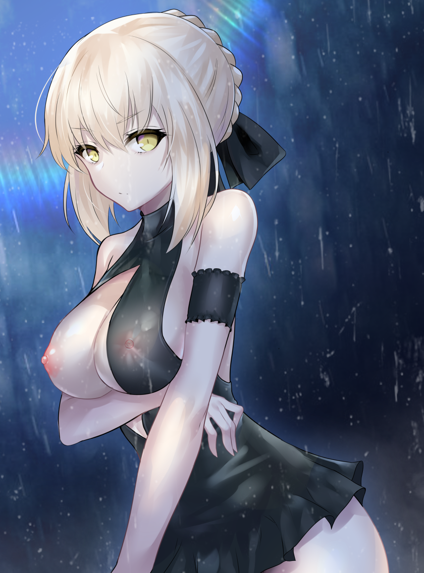 1girls arm_garter artoria_pendragon artoria_pendragon_(alter) artoria_pendragon_(swimsuit_rider_alter) black_dress blonde_hair braid breasts covered_nipples dress ero_waifu eyebrows_visible_through_hair fate/grand_order fate_(series) female french_braid medium_breasts nipples one_breast_out rain see-through short_hair solo standing yellow_eyes