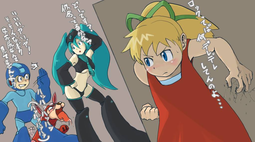 2girls angry armor bangs bare_shoulders blonde_hair blue_eyes boots canine capcom clothed clothes crossover dress drooling female green_eyes green_hair green_ribbons hair hands_behind_head hatsune_miku helmet hiding japanese_text jealous male mega_man mega_man(classic) mega_man_(character) red_dress revealing_clothes ribbon robot robot_girl roll rush_(mega_man) skimpy_clothes spanking standing thigh_highs tie translation_request underboob vocaloid