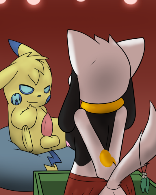 balls blue_eyes brown_background canine clothed clothing erection female fur half-closed_eyes inviting male mammal milachu milachu92 nintendo nude penis pikachu pokémon_(species) pokemon raised_tail riolu riolumon rodent simple_background spread_legs spreading video_games white_fur yellow_fur