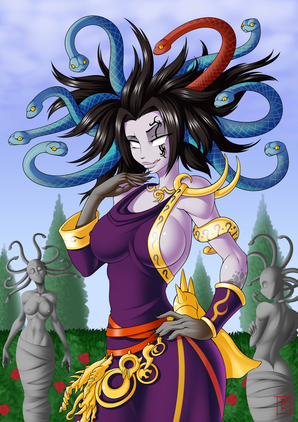 1girls belt black_hair blue_sky blunt_katana bushes busty claws clothed dark_skin dress female female_only fit flowers garden gauntlet goddess gorgon jewelry kid_icarus kid_icarus_uprising lick long_hair long_nails medusa medusa_(kid_icarus) messy_hair naughty_face nintendo nipples pale_skin plants purple_dress robe sideboob sky snake_hair snakes standing statue tattoo toga tongue topless trees voluptuous white_eyes wild_hair