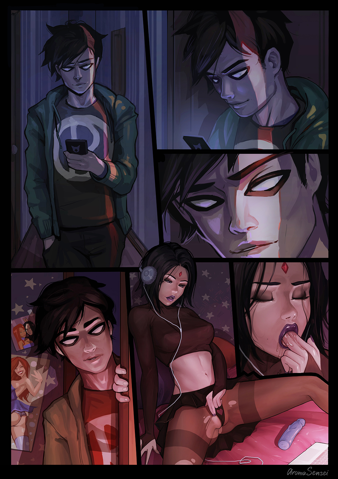 aroma sensei, comic, dc, dc comics, dick grayson, dildo, female, finger in mouth, male, masturbation, panties, pussy, rachel roth, raven (dc), robin (dc), robin (dick grayson), saliva, sucking fingers, teen titans