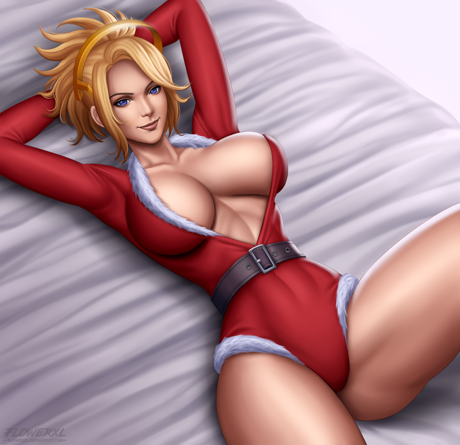 big breasts, blonde hair, blue eyes, breasts, christmas, cleavage, female, female only, flowerxl, large breasts, looking at viewer, lying, mercy, on back, overwatch, pinup, solo